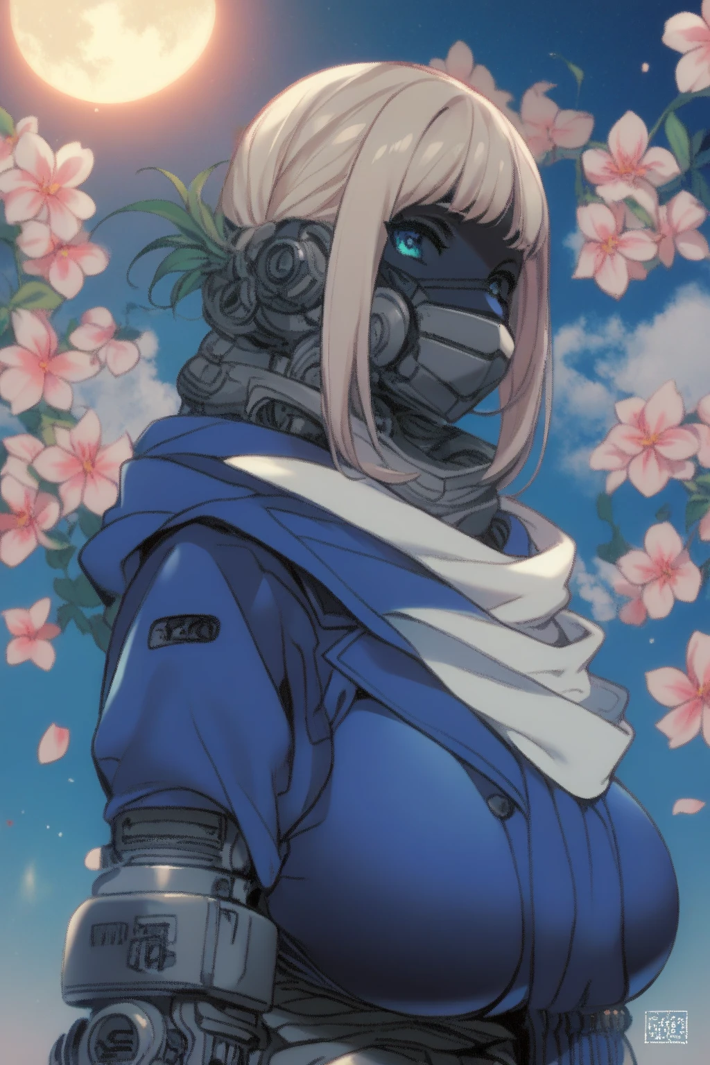 masterpiece, best quality, (solo:1.1), 1girl ,in blue and black style , (mechanical armor with scarf:1.1), in night floating flower background, huge breast, windy open_blazer,haruhizaka, kitakoumae, scenery,mouth mask,robot,