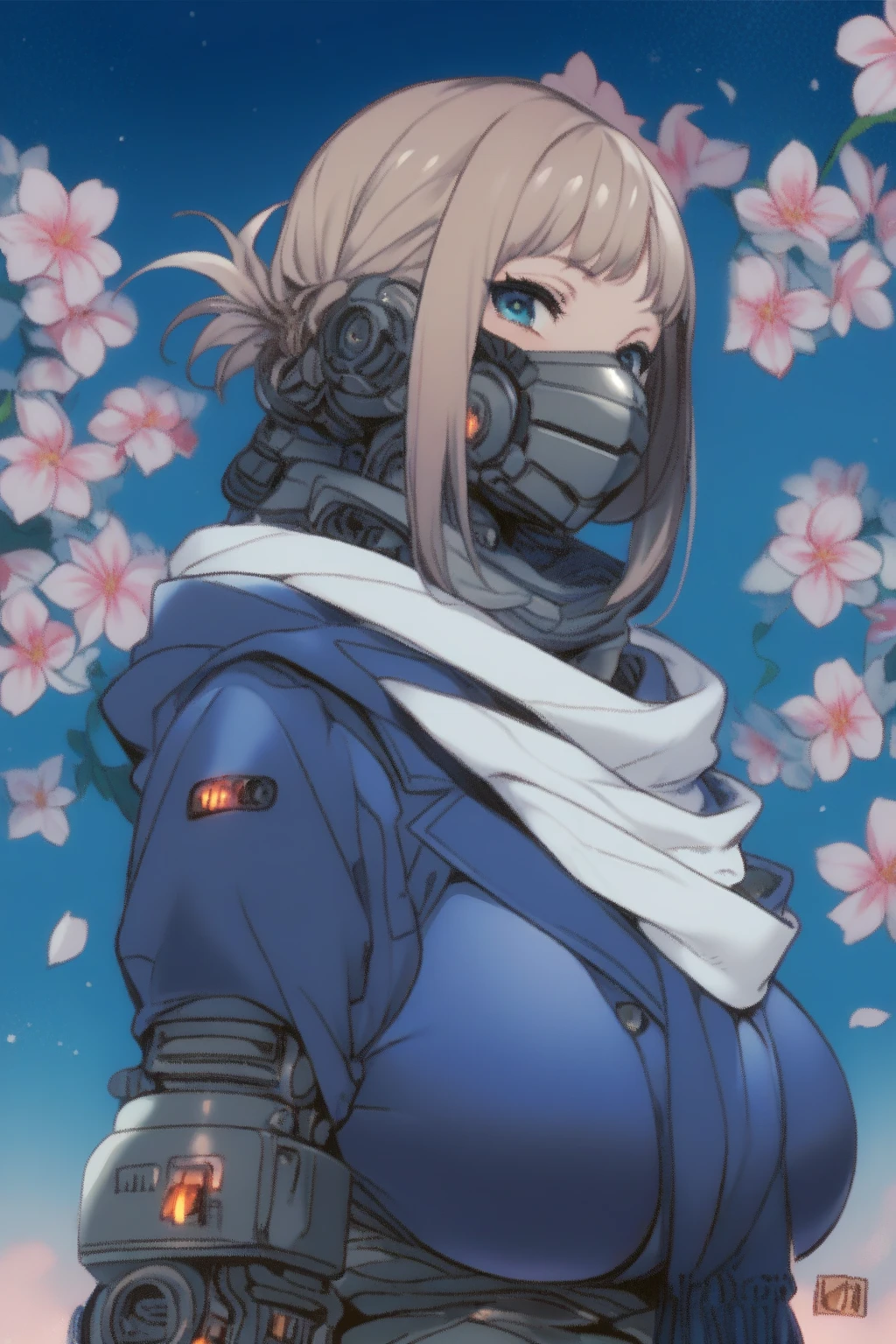 masterpiece, best quality, (solo:1.1), 1girl ,in blue and black style , (mechanical armor with scarf:1.1), in night floating flower background, huge breast, windy open_blazer,haruhizaka, kitakoumae, scenery,mouth mask,robot,