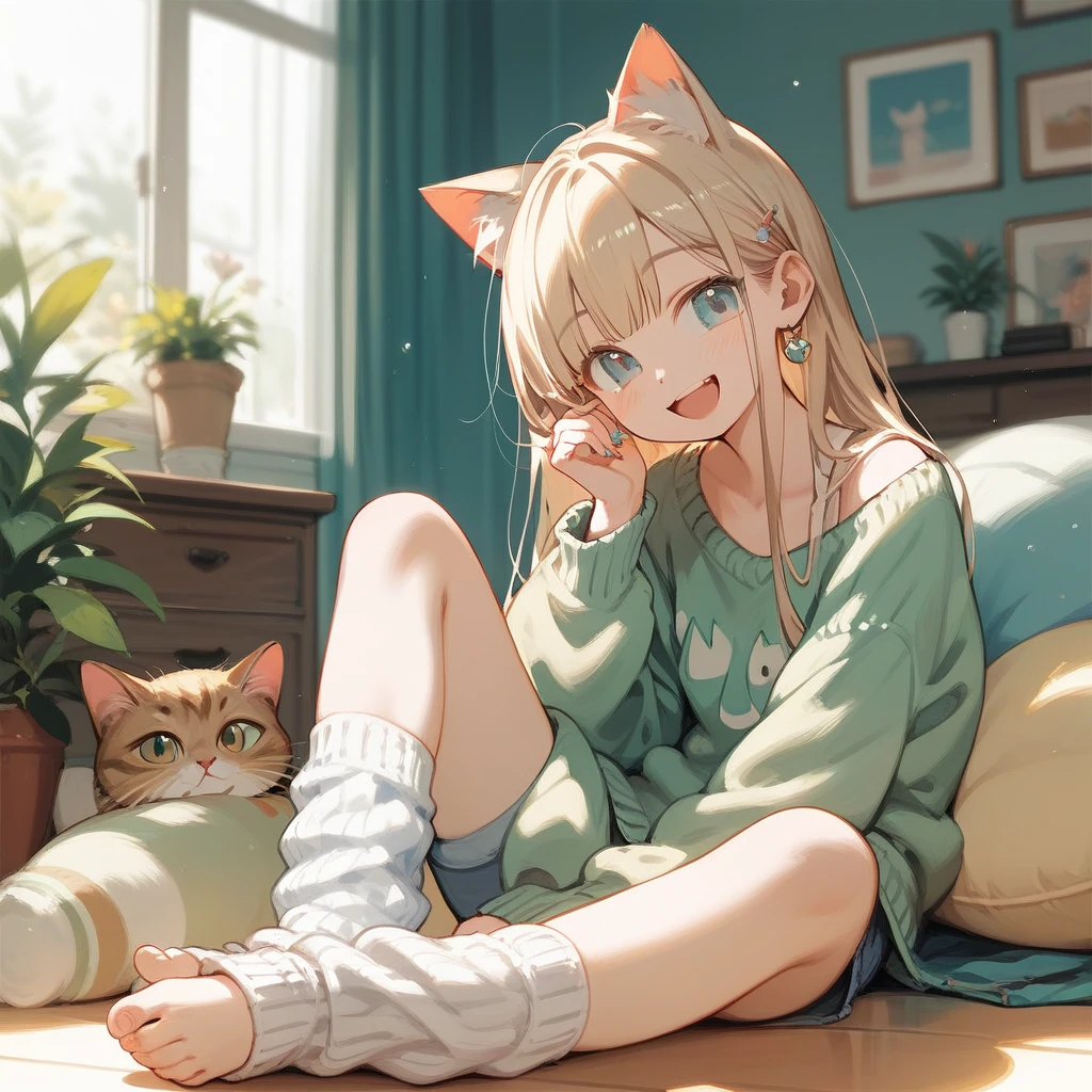 Absurd, Absolute Resolution, Incredibly Absurd, Superb Quality, Super Detail, Official Art, unity 8k wallpaper
BREAK.
, cat, young cat ears, cute, staring,
BREAK
'An illustration of a scene in a warm, sunlit room where a little girl with rs and a kitten with soft brown fur are playing and staring at each other. The girl has blonde hair and large eyes, about the same size as the cat. She is dressed in a colorful floral one-piece dress, smiling innocently and gently patting the cat with her small hands. Scattered in the background are bright, colorful toys and cushions that look like they came out of a children's storybook."