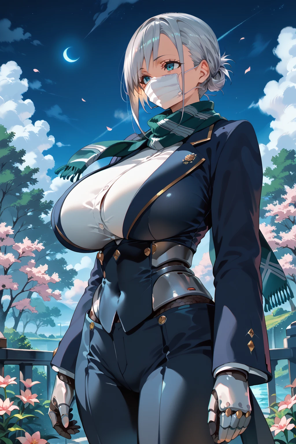 masterpiece, best quality, (solo:1.1), 1girl ,in blue and black style , (mechanical armor with scarf:1.1), in night floating flower background, huge breast, windy open_blazer,haruhizaka, kitakoumae, scenery,mouth mask,robot,