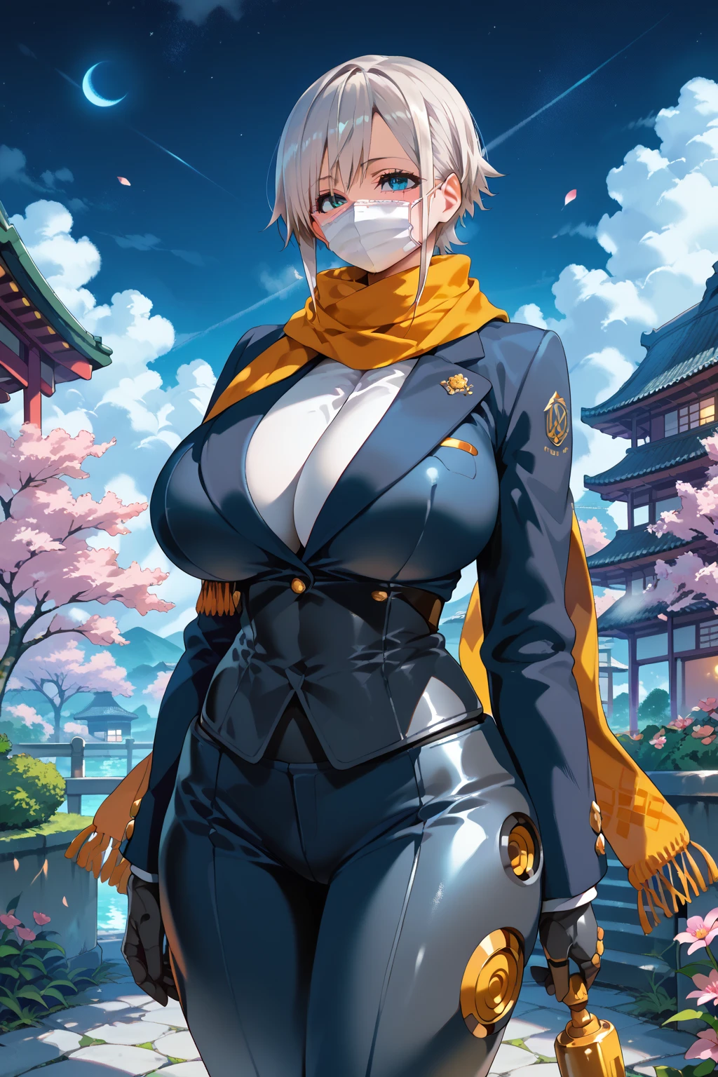 masterpiece, best quality, (solo:1.1), 1girl ,in blue and black style , (mechanical armor with scarf:1.1), in night floating flower background, huge breast, windy open_blazer,haruhizaka, kitakoumae, scenery,mouth mask,robot,