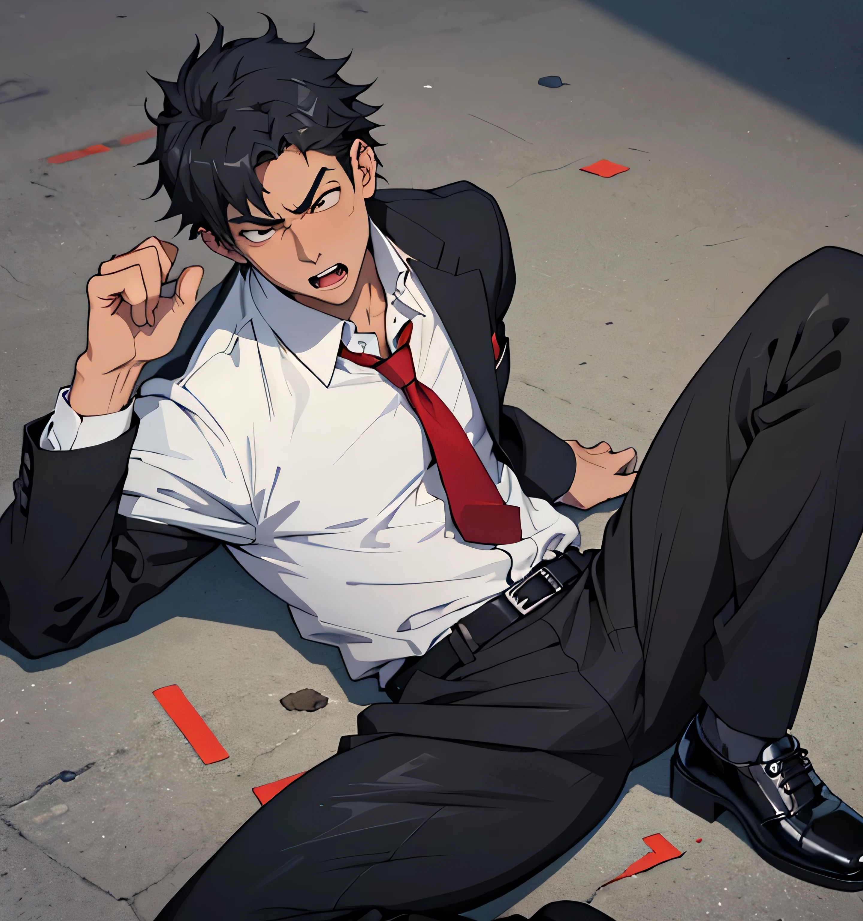 Age 25,, simple black suit、 white shirt、dark red tie ,  black slim pants 、 lying on the ground  ,Spread your legs wider,black belt,Black socks,Black leather shoes,logic, Gay , black hair, short hair on the side of the uniform, thick eyebrows, Lightly Set Your Hair with Wax , Hachiman Hachiman、Masculine,salaryman,Mob characters,Bad Actor , The crotch part of the pants is bulging, Erotic 3D Finish , 　Erect penis、View from above　Suffering face、Open your mouth wide and scream　 face up