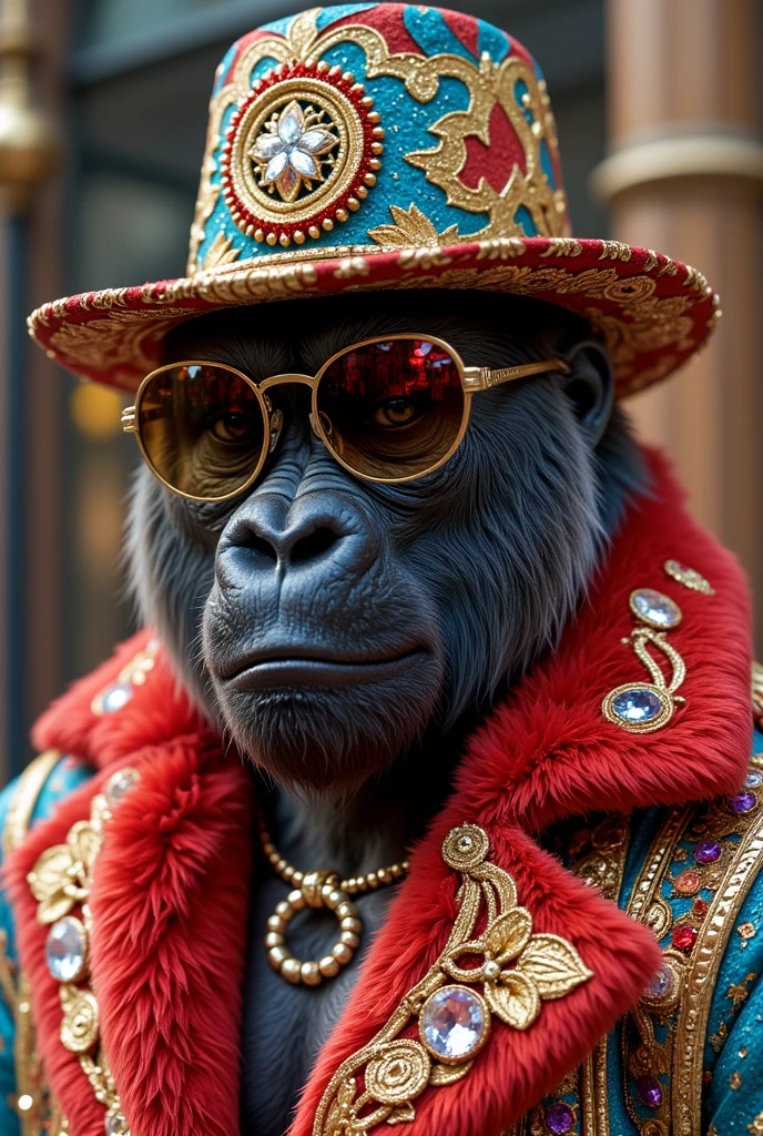 ((masterpiece)) ((photography)) ((Highest quality))  A stylish gorilla wearing a flamboyant, colorful hat adorned with intricate patterns and embellishments, featuring round, tinted sunglasses. The gorilla is draped in a luxurious, vibrant fur coat with dazzling textures and designs. The background is softly blurred to emphasize the gorilla's charismatic expression and fashionable attire, highlighting its unique style and personality in a whimsical yet sophisticated manner.