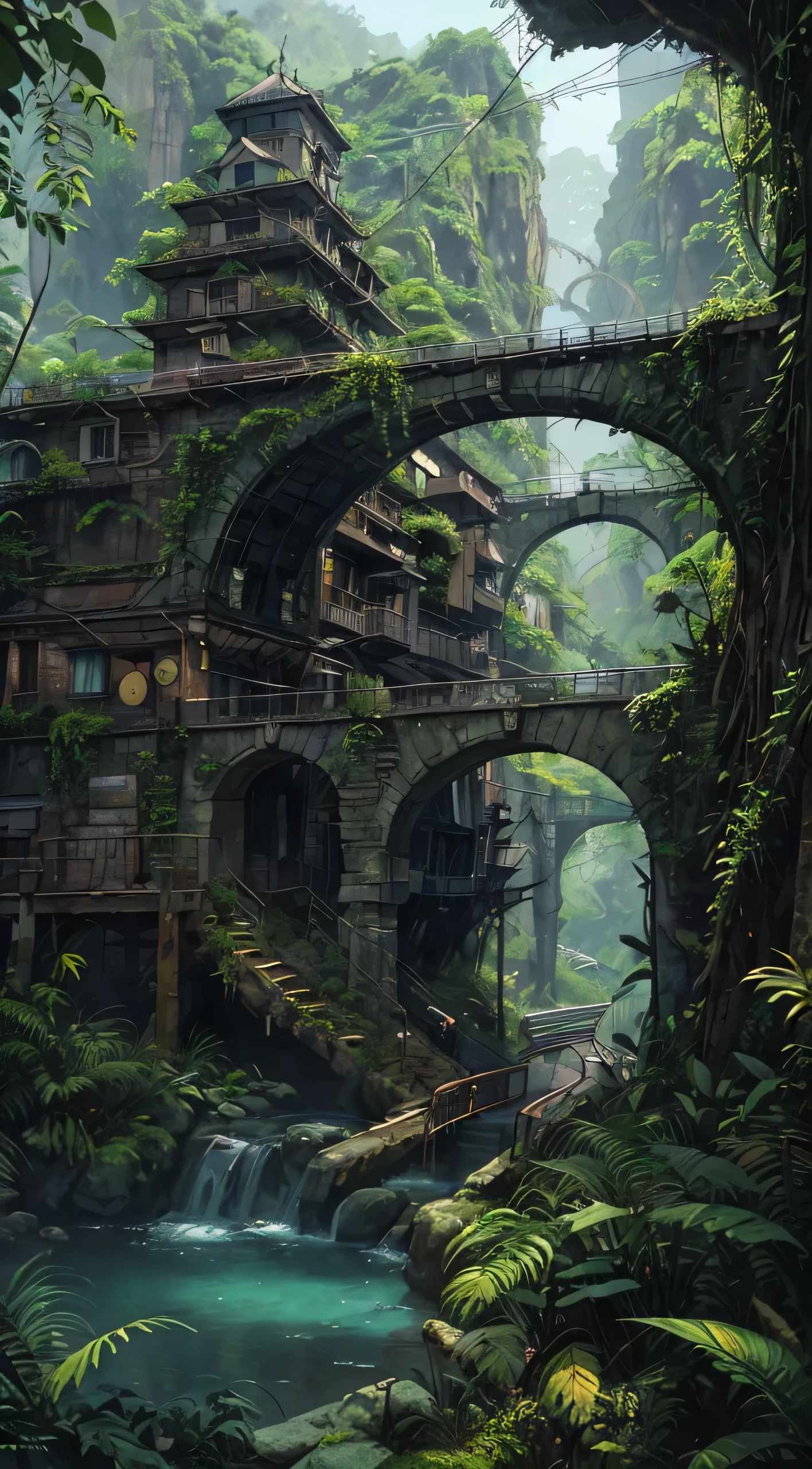 there is a train that is going over a bridge in the mountains, traveling through the mountains, trains, railways, 🚿🗝📝, 500px, 5 0 0 px, by Arik Brauer, gothic locomotive, adventure hyper realistic render, bussiere rutkowski andreas rocha, alexey egorov, grin face, young, (Masterpiece), ((Blue skin)), (best detail), digital art, (best qualtiy), Cinematic texture, ((Avatar style)), beautiful pupil, The background is jungle, the rainforest, big leafs