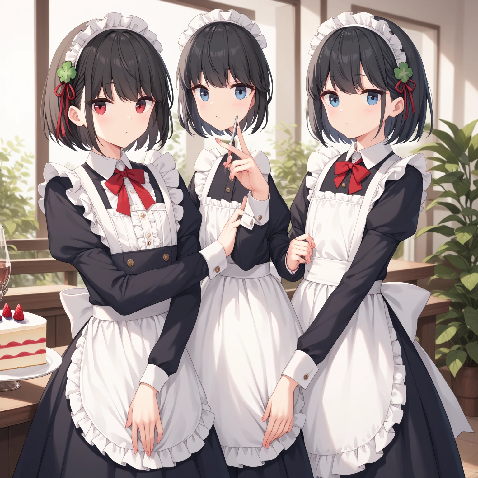  (8k), (  very detailed), (   best illustration   ), Cafe。   two girls。 maid outfit 。. flat chested。 short hair on the side of the uniform。  big red ribbon barrette。Four leaf clover in hair 。adult。 black hair。Shima Rin,Bring me a cake 。Four leaf clover in hair。 short hair on the side of the uniform。