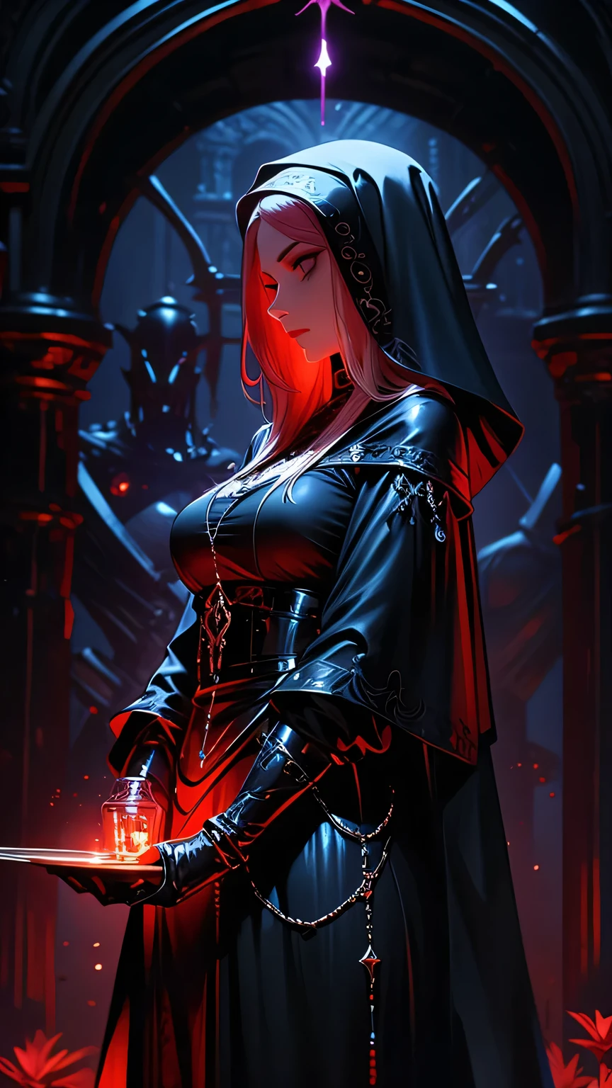 woman, ultra high details, dark fantasy, bloom, dark environment, nun,