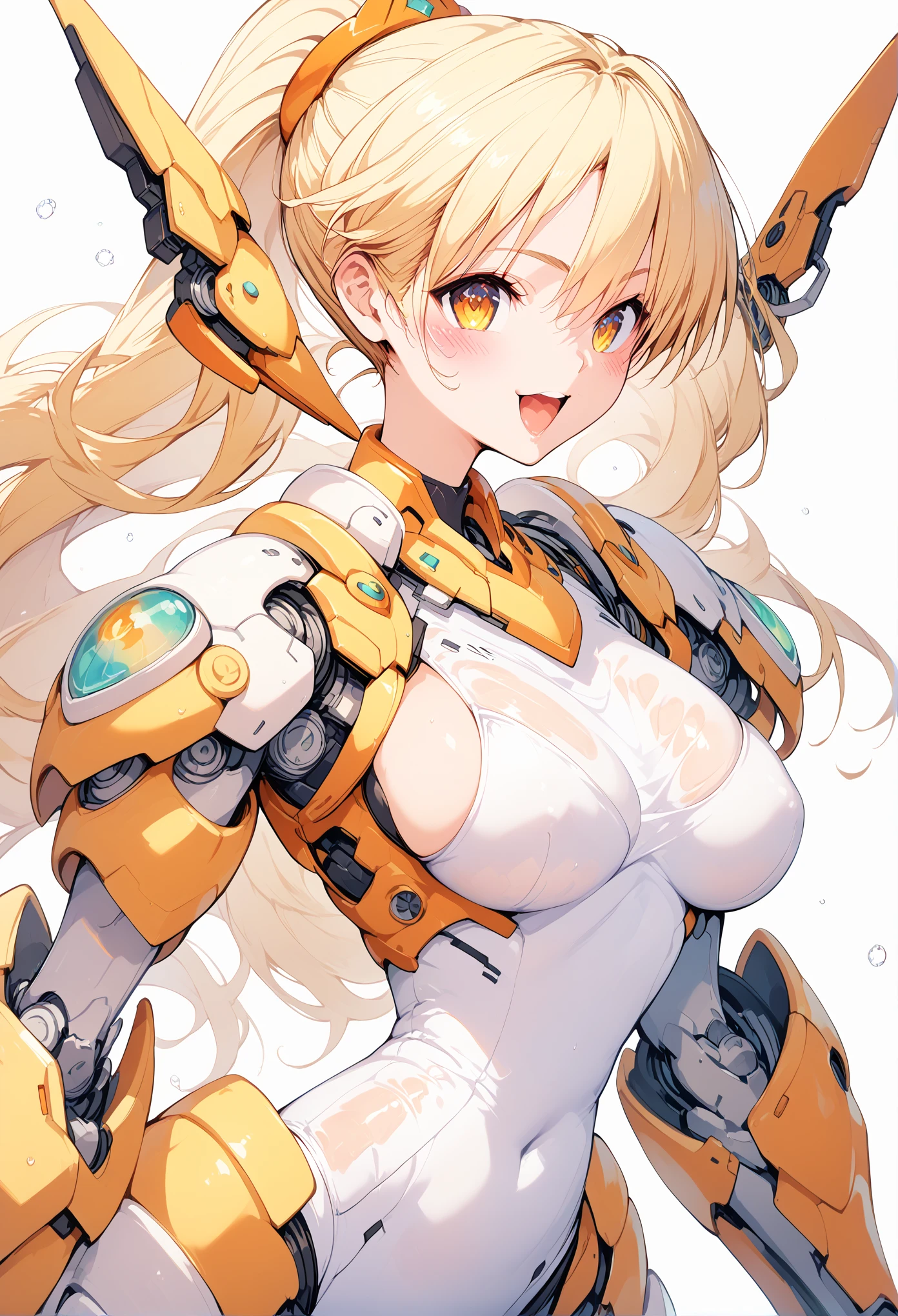 Smiling girl in a revealing see-through mechanical micro bikini in yellow and orange with shiny wet skin,Gal-like ponytail,Fully transparent glass texture micro bikini armor,水色ライトの透明なMechanical Armor,（Highest quality）,（8k）,Mechanical Armor,Show all,（Thinly visible genitals）,Accentuated breasts,Mechanical firearms equipment,Eyebrows rise,Bullish expression,Blonde,Don&#39;t blush,Laugh with your mouth closed,Standing on a white floor,White background,（Show the whole body）,View your viewers