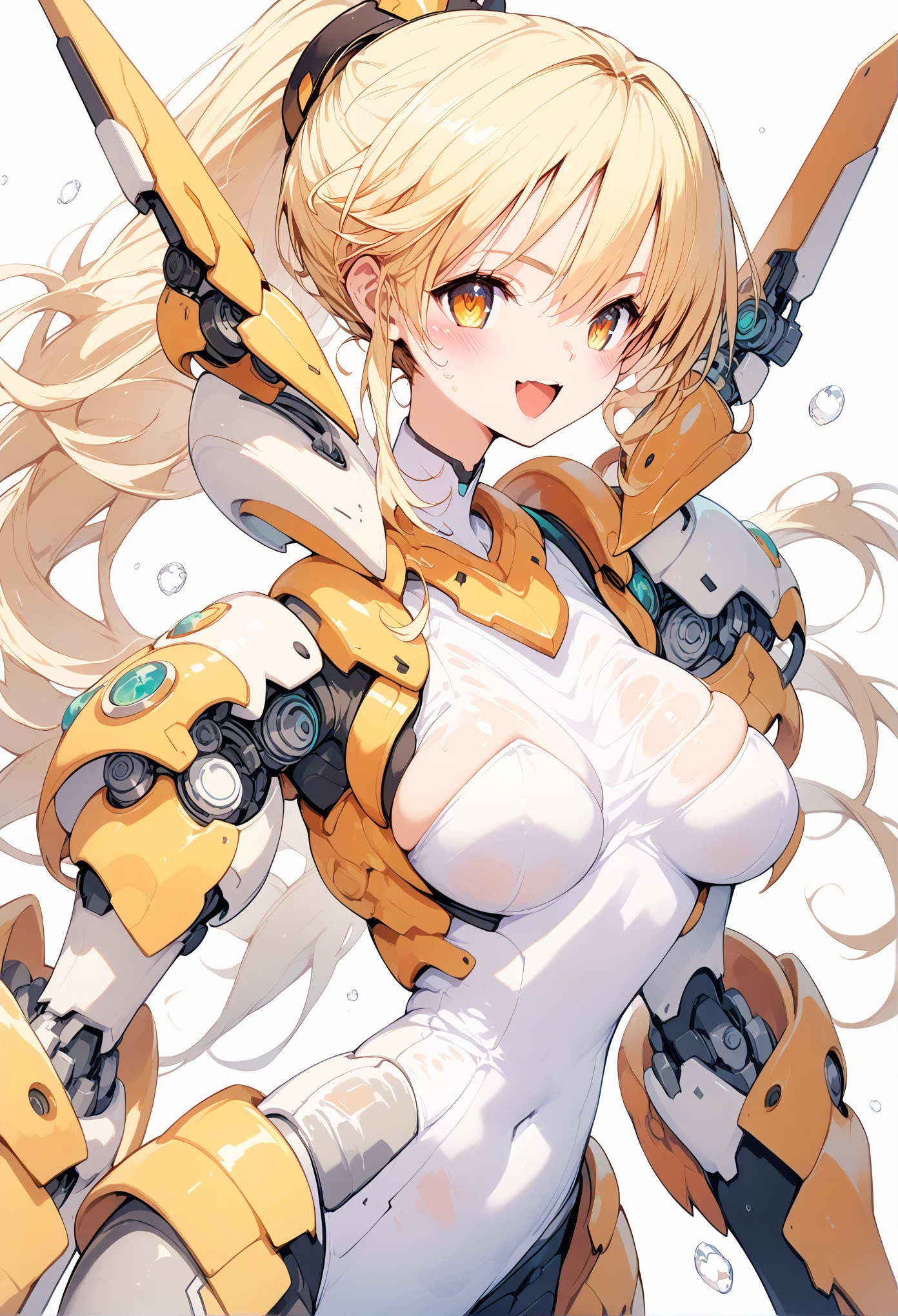  wearing a yellow and orange transparent mechanical leotard、 smiling girl with shiny wet skin , ponytail like a gal , yellow leotard , white leotards ,水色ライトのいMechanical Armor,（ best quality）,（8k）,Mechanical Armor,Show all,（ thin-looking genitals ）,Accentuated breasts,Mechanical firearm equipment ,Eyebrows raised,Strong expression,blonde,Don&#39; blush,Laugh with your mouth closed,Standing on a white floor ,White background,（Please show your whole body）, watch viewers 