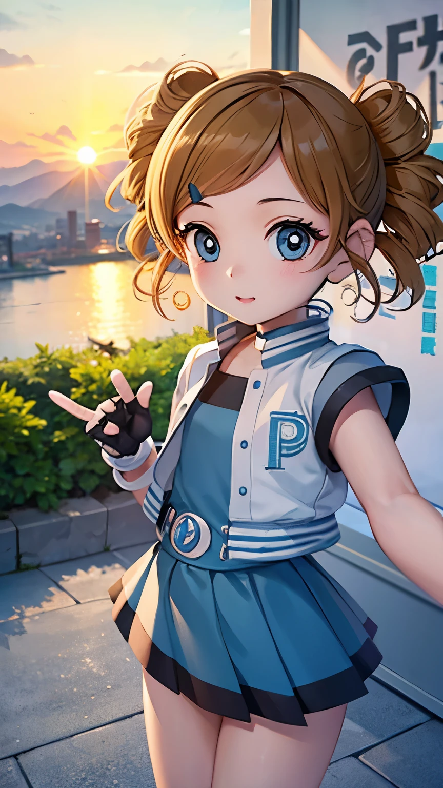  girl touching a selfie with a round cell phone with the letter P on the c back of the phone, landscape background and random accessories ppgz Japanese letters background signs with Japanese theme 