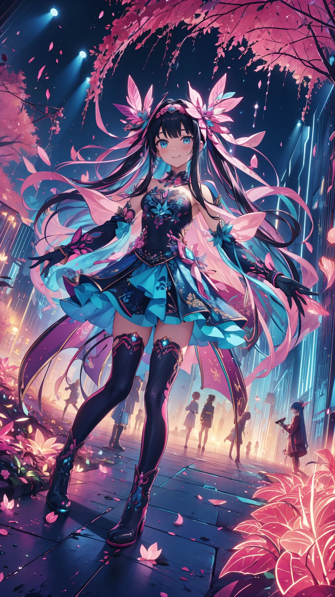 anime style、story、、 美丽girl、とても cute天使、 pink goth dress 、 cute、 girl、charm、 Smile、 Long skirt 、 black boots 、Very cute headband
