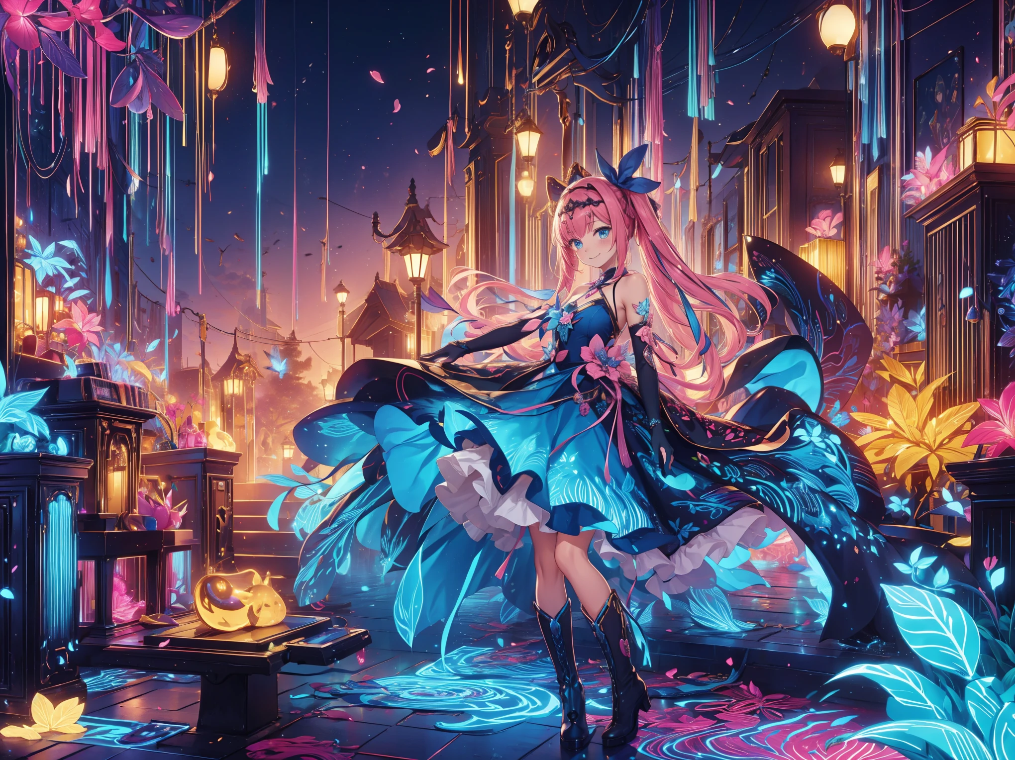 anime style、story、、 美丽girl、とても cute天使、 pink goth dress 、 cute、 girl、charm、 Smile、 Long skirt 、 black boots 、Very cute headband