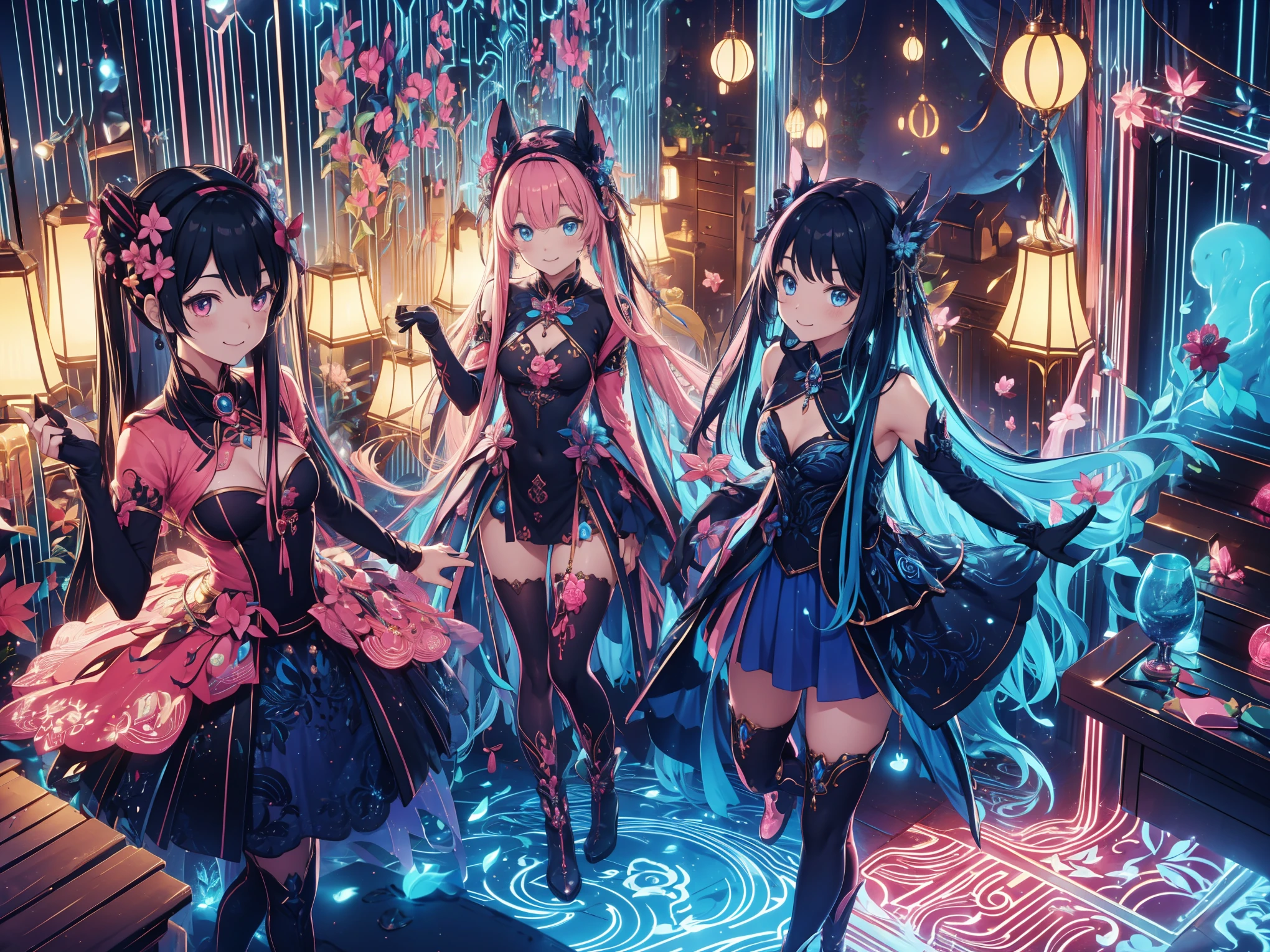 anime style、story、、 美丽girl、とても cute天使、 pink goth dress 、 cute、 girl、charm、 Smile、 Long skirt 、 black boots 、Very cute headband
