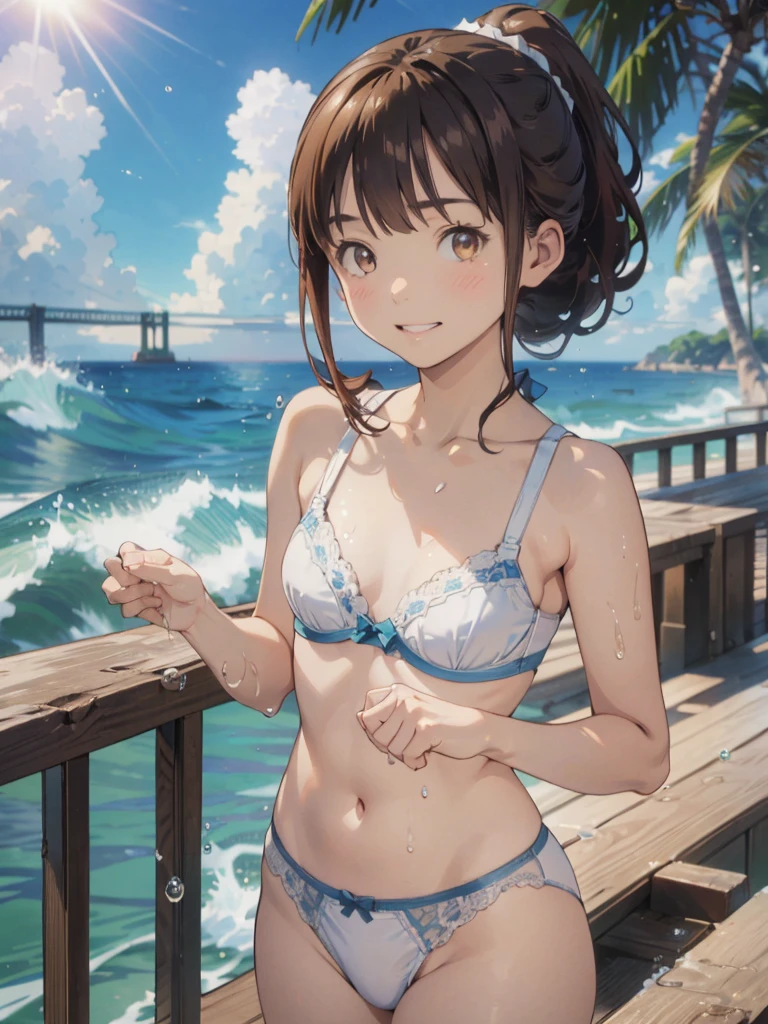 jinno megumi, brown hair, ponytail, brown eyes, ((NSFW)),((Upper and lower underwear)),((White bra)), ((White panty)), (((Smaller chest)))Best Quality, (masutepiece:1.2), Highly detailed, 1girl in, Solo, raise a hand, Looking at the viewer, , Smile, tooth, Girl in 1, Solo, cowboy shot,  Sun'rays, ((ocean, water, splash,)),