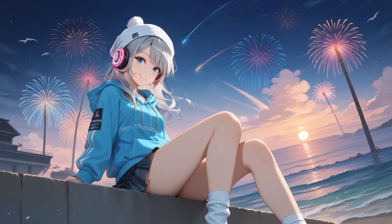 Highest quality: 1.2, Highly detailed, Latest, Vibrant, Masterpiece: 1.2, Highest quality, Best aesthetics, Best quality, Fantastic sky, Night sky glowing fireworks, Seagulls, Ocean, Sunset, Big sun, One girl, ((Zoom in on girl from below)), Beautiful eyes, Gray hair, Headphones, Knit cap, Hoodie, Skirt. Smiling, Sitting, Knee-high socks.