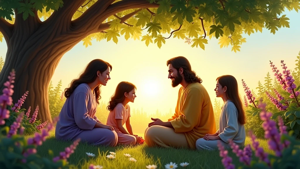 A tranquil family scene set in an ancient, harmonious world where the children of Adam and Eve live in unity with creation. The family, gathered together in a peaceful setting, is engaged in a warm, intimate gathering. The parents, Adam and Eve, are depicted as wise and nurturing figures, teaching their children to respect and cherish every aspect of the world around them. The children listen attentively, as stories of their ancestors are shared, and the blessings and responsibilities entrusted by God are passed down. The scene is bathed in soft, golden light, symbolizing the divine presence and the sacred connection between the family and their environment, highlighting the harmony and reverence that defines their existence.