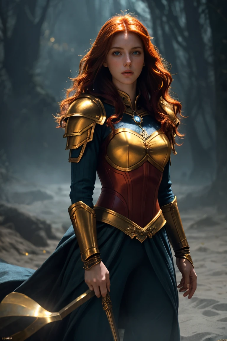 Full body Portrait of the Great Nordic Queen, a very gorgeous woman, thick healthy body, erotic warrior costumes, dark red styled fluffy hair, natural Blue eyes, dressed in ancient national, 8k resolution, dynamic lighting hyper detailed intricately detailed Splash art trending on Artstation, triadic colours, Unreal Engine 5, volumetric lighting, oil painting, heavy strokes