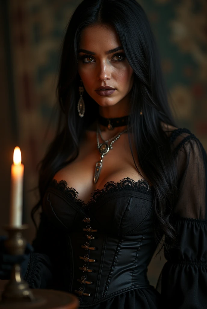 1. Punk and goth girl in gothic outfit,sexual,skulls and lit candles around and in the background