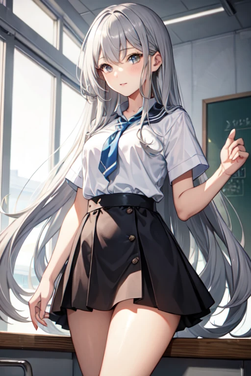 (((Alone))),(((Mature Woman))),(((Long Gray hair without bangs))),(((Completely black eyes))),(Lush body with light curves),(((Wearing school uniform)))