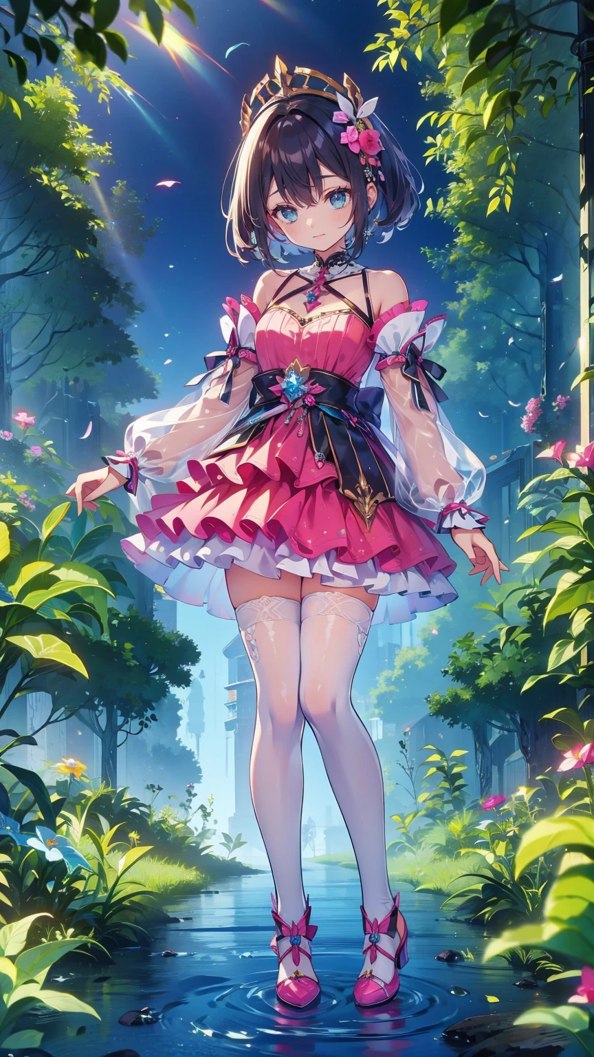 Brunette beauty,wearing camisole,Pink purple short skirt,Brown cape,Bare legged,Wear a circle of flowers and plants on your head,Short brunette hair,Wear white hairpins,Stand among the sunny mountains and forests,With a bright and healing smile,Reach for the camera,Blue-purple high heels,Ruddy complexion,one eye wink,Wear a large bow on your head,Best quality at best,tmasterpiece