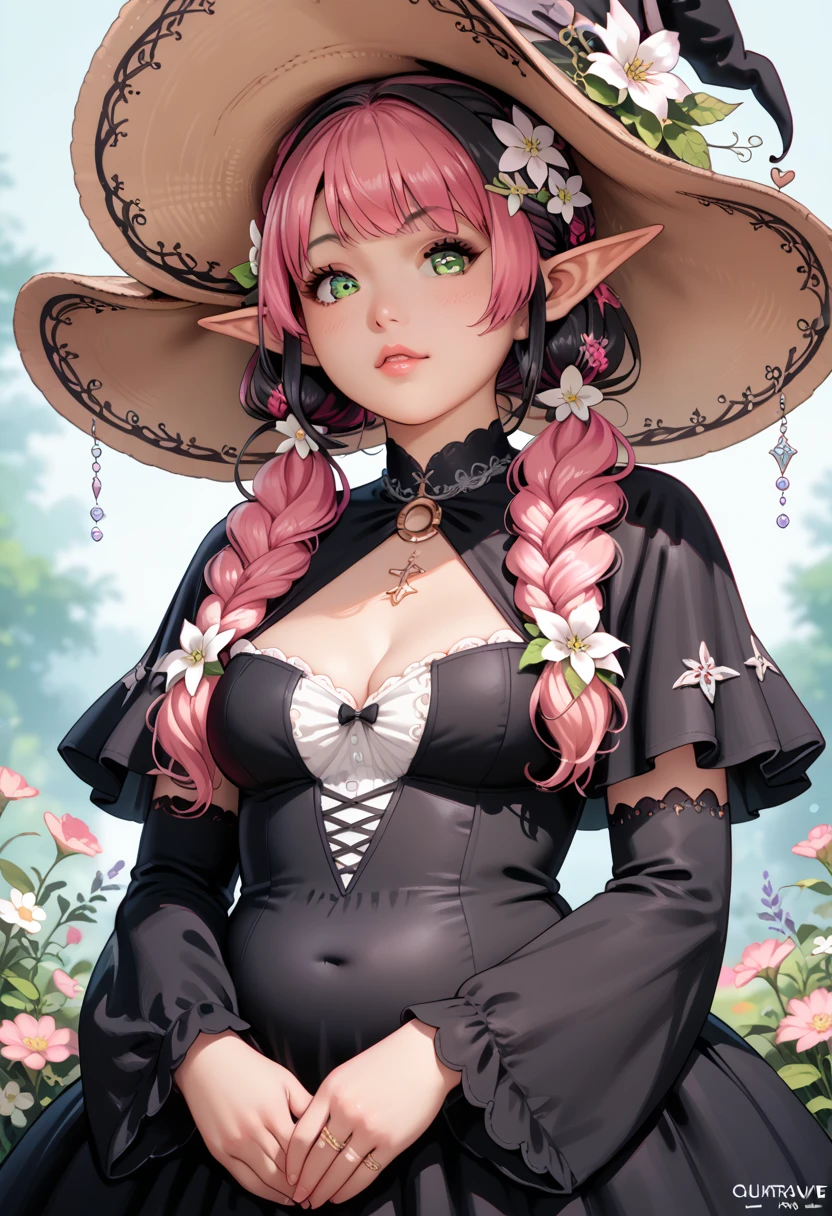 score_9, score_8_up, score_7_up, BREAK source_anime, 1girl, squarewave, chubby, elf, flower in hair,, wide brimmed hat, witch dress, (((black and pink hair))), (((black hair))), pigtails, upper body, green eyes