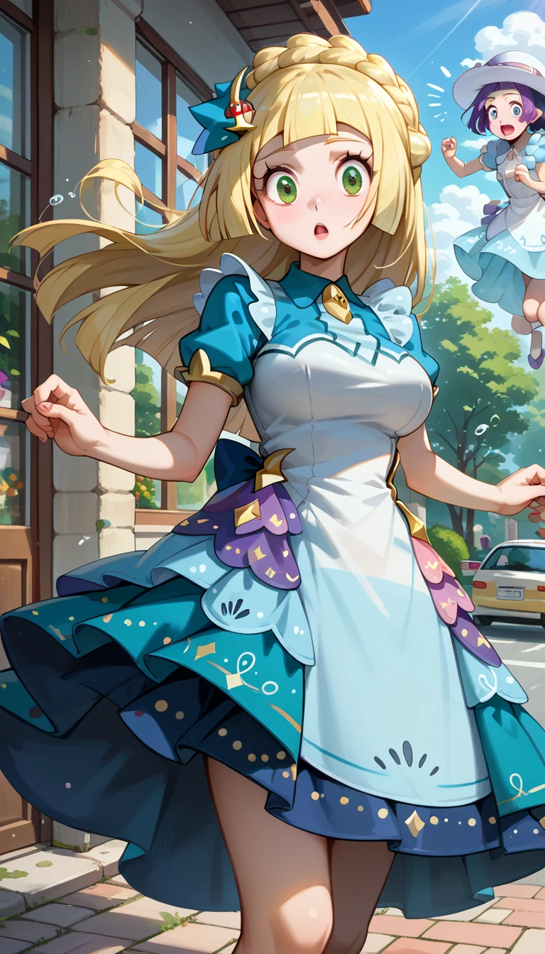 masterpiece, best quality, highly dramatic picture, beautiful eyes, cinematic lens effect, ((expensive dress)), ((Busty Bitches)), 1lillie,  ecchi girl sexy photoshoot , caught in the wind, upskirt, surprised expression 