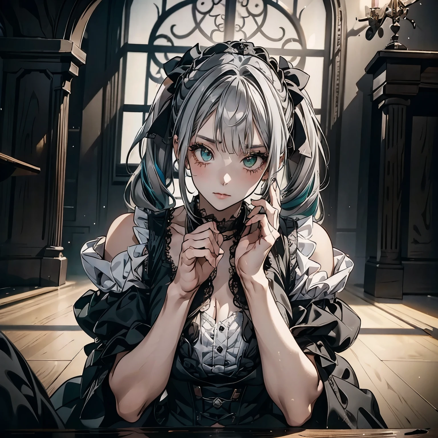 ( 1 girl),gothic, twin tails,Gray Hair, Organza Lace,Gorgeous and elaborate clothes,gothic, flying, green, ( colorful ), Bold,  gradient blend,  motion blur,  Sparkling Textures ,   Dracula supporting dynamic compositions ,  atmospheric perspective ,  impressive , , (masterpiece), ( best quality), wonderful, ( beautiful detailed eyes), ( detailed ),  depth of field,  very detailed CG, original,  Very Detailed Wallpaper, ( bright color ),  cinematic lights ,  ( colorful ), ,