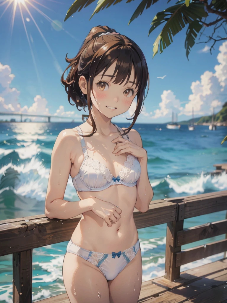 jinno megumi, brown hair, ponytail, brown eyes, ((NSFW)),((Upper and lower underwear)),((White bra)), ((White panty)), (((Smaller chest)))Best Quality, (masutepiece:1.2), Highly detailed, 1girl in, Solo, raise a hand, Looking at the viewer, , Smile, tooth, Girl in 1, Solo, cowboy shot,  Sun'rays, ((ocean, water, splash,)),