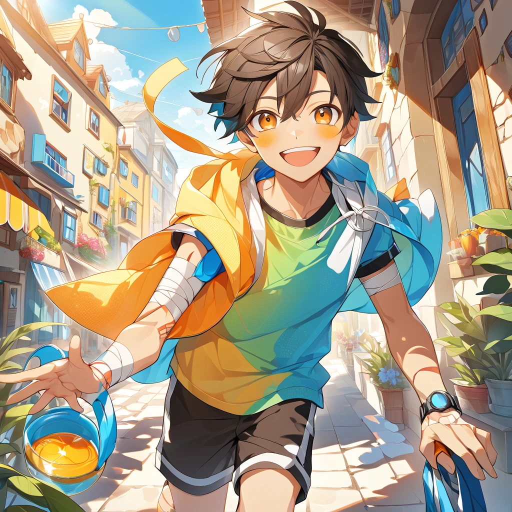 A boy with a bright and cheerful smile, exuding a sunny and lively personality. He has tanned, healthy skin and sports short dark brown hair tied in a small ponytail. Bandages and gauze are visible on his arm and face, showing signs of recent playful adventures. The background is a sunny outdoor scene, emphasizing his energetic and spirited nature. The atmosphere is vibrant and warm, full of youthful charm.
