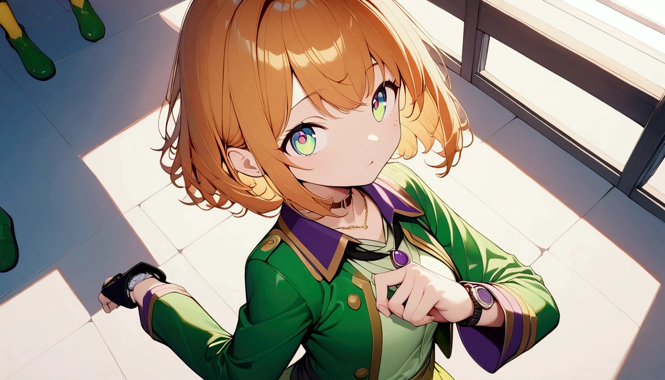 1girl, green eyes, purple pendant, orange hair, medium hair +++ yellow pantyhose, green dress,  light green shirt, green boots Hiding face with arm, looking to the side, extremely quality extremely detailed, illustration, cute anime face cinematic lighting,(((Anime)))  one woman, knife,In one hand, point the blade at me ,Gal, short hair on the side of the uniform,Long Hair,(blackの髪),Mouth is hidden , Necklaces ,Glare, seen from above ,red eyes,Big Eyes, Cool suit ,black,classroom,sunlight,masterpiece, best quality,Exquisite,8k, absurd, super fine illustration,( watch viewers )