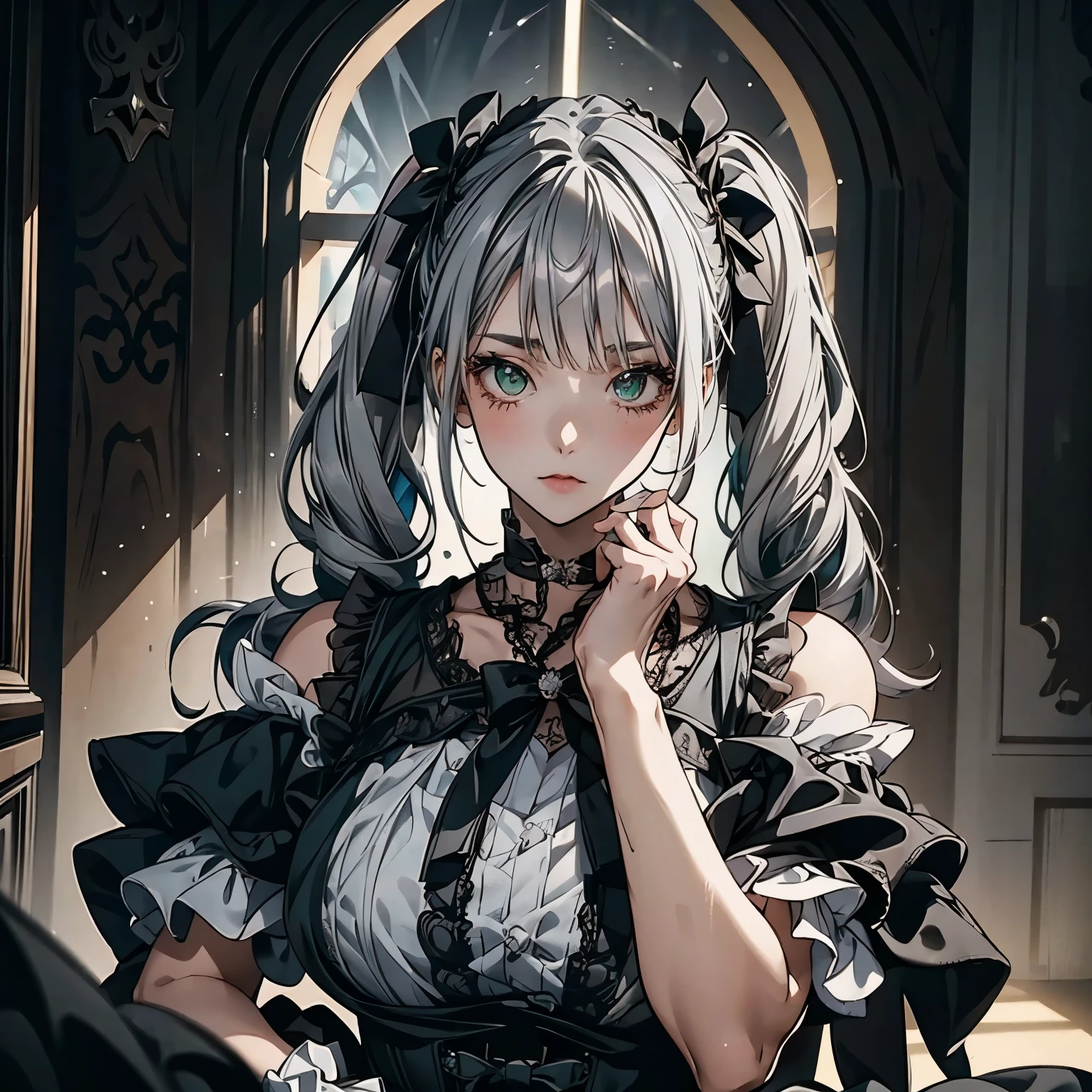 ( 1 girl),gothic, twin tails,Gray Hair, Organza Lace,Gorgeous and elaborate clothes,gothic, flying, green, ( colorful ), Bold,  gradient blend,  motion blur,  Sparkling Textures ,   Dracula supporting dynamic compositions ,  atmospheric perspective ,  impressive , , (masterpiece), ( best quality), wonderful, ( beautiful detailed eyes), ( detailed ),  depth of field,  very detailed CG, original,  Very Detailed Wallpaper, ( bright color ),  cinematic lights ,  ( colorful ), ,