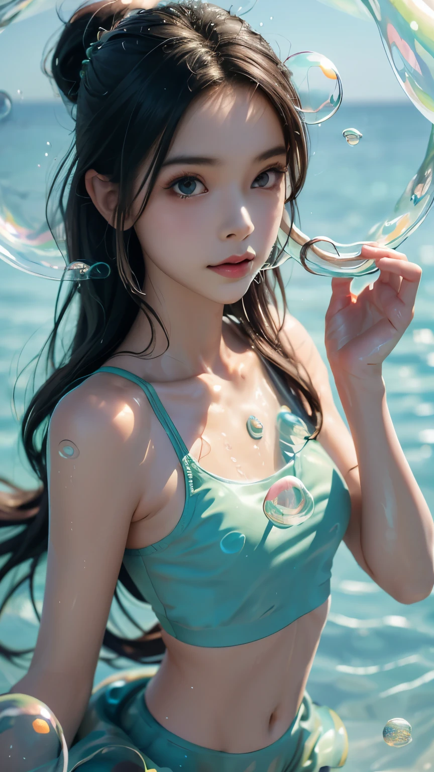 8K, ultra hd, masterpiece, 1 girl, 18 years old, slim body, ribs, bones, good face, long hair, detailed eyes, detailed lips, small breasts, (bubble cosplay:1.5), mini skirt, (green bra), (bare waist), loops, straps, realistic shadow, sea, morning, ((bubble:1.5)), (water bubbles:1.5), water, beautiful, rain, realistic water reflection, RTX 4090, ray tracing, bloom, bokeh,