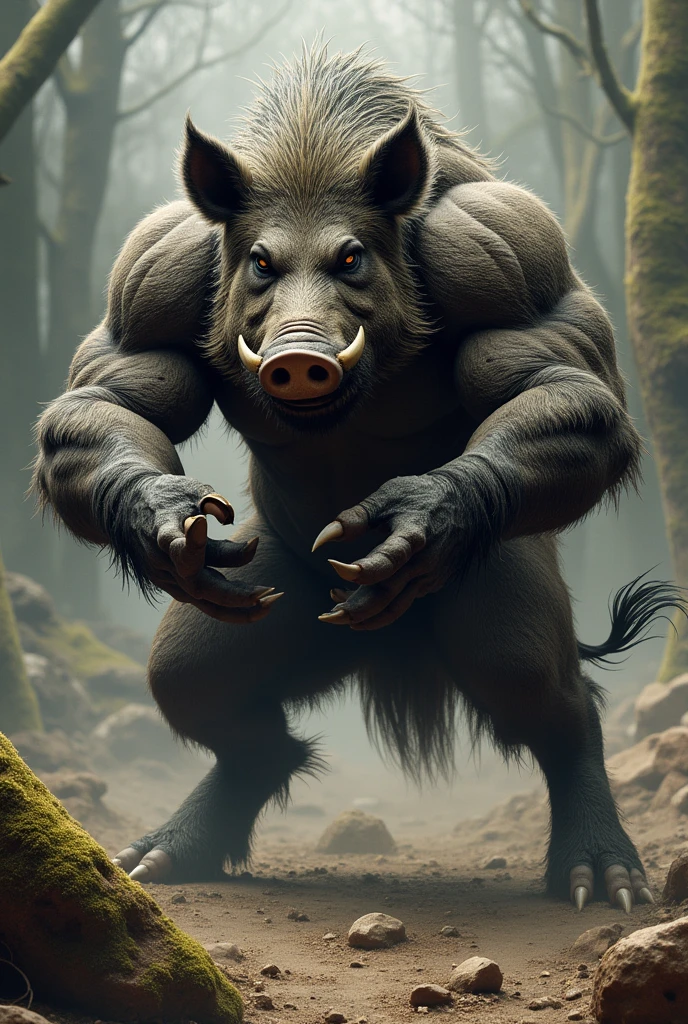 Realistic side view of a muscular Calico boar with tusks