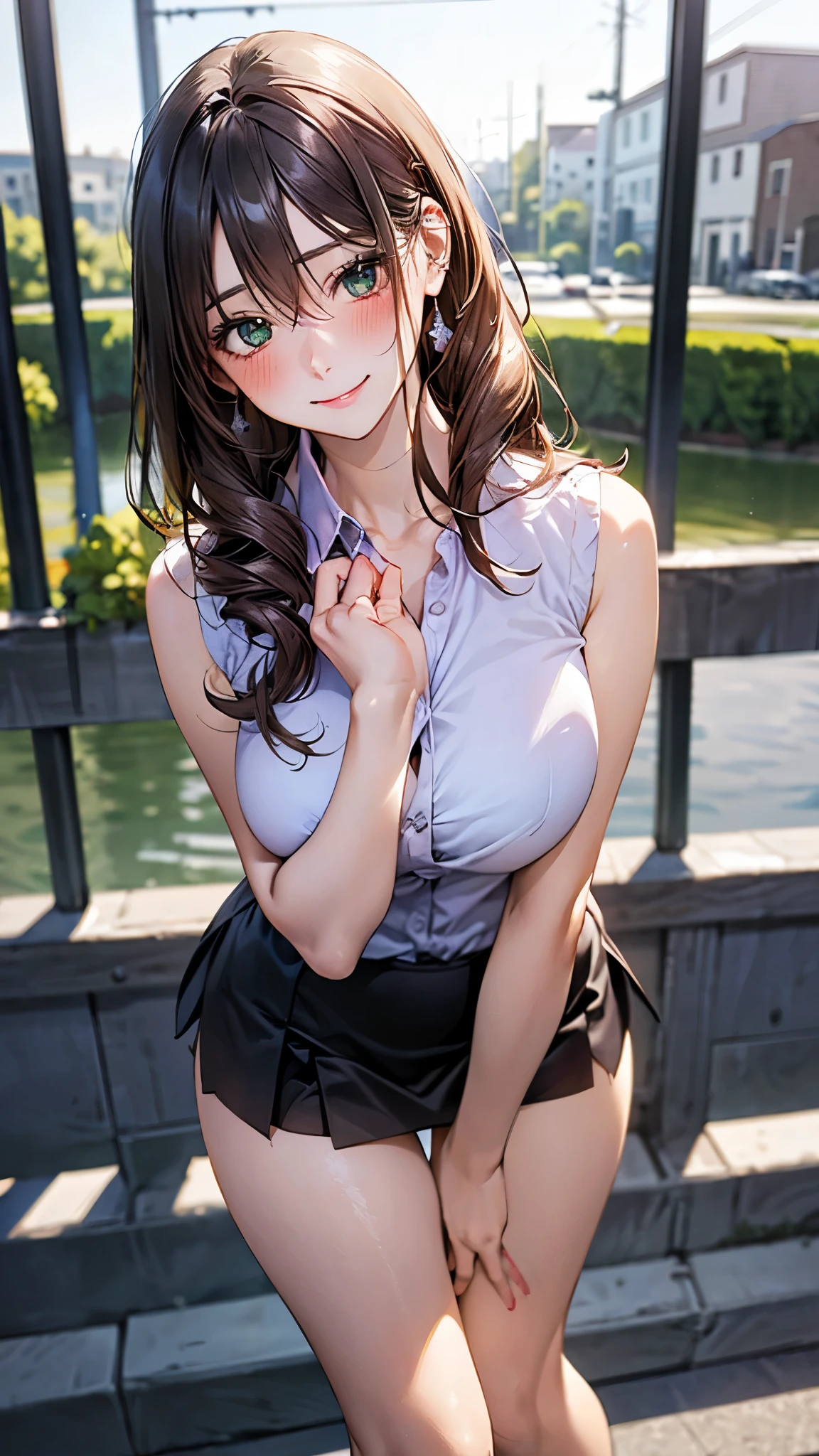 (masterpiece:1.2, top-quality), (realistic, photorealistic:1.4), beautiful illustration, (natural side lighting, movie lighting), 
looking at viewer, cowboy shot, front view:0.6, 1 girl, japanese, high school girl, perfect face, cute and symmetrical face, shiny skin, 
(long hair:1.8, straight hair:1.7, black hair), parted bangs, emerald green eyes, long eye lasher, (large breasts:0.9, thick thighs), 
beautiful hair, beautiful face, beautiful detailed eyes, beautiful clavicle, beautiful body, beautiful chest, beautiful thigh, beautiful legs, beautiful fingers, 
((Sexy bra, grey pleated mini skirt, , black socks, brown loafers, red bow tie)), hoop ring earrings, pink panties, 
(beautiful scenery), evening, riverside, walking, hands on chest, (lovely smile, upper eyes), with twin sister