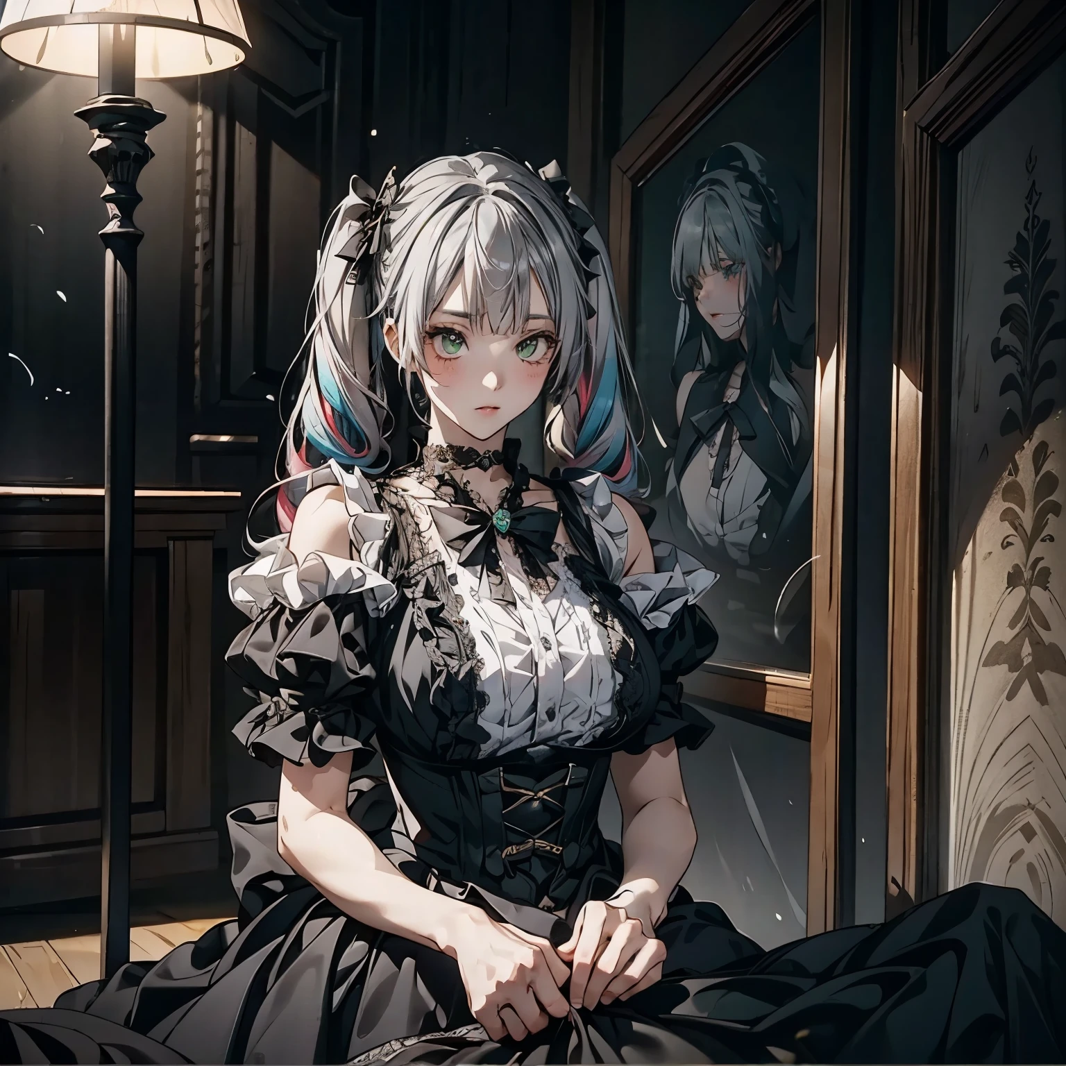 ( 1 girl),gothic, twin tails,Gray Hair, Organza Lace,Gorgeous and elaborate clothes,gothic, flying, green, ( colorful ), Bold,  gradient blend,  motion blur,  Sparkling Textures ,   Dracula supporting dynamic compositions ,  atmospheric perspective ,  impressive , , (masterpiece), ( best quality), wonderful, ( beautiful detailed eyes), ( detailed ),  depth of field,  very detailed CG, original,  Very Detailed Wallpaper, ( bright color ),  cinematic lights ,  ( colorful ), ,