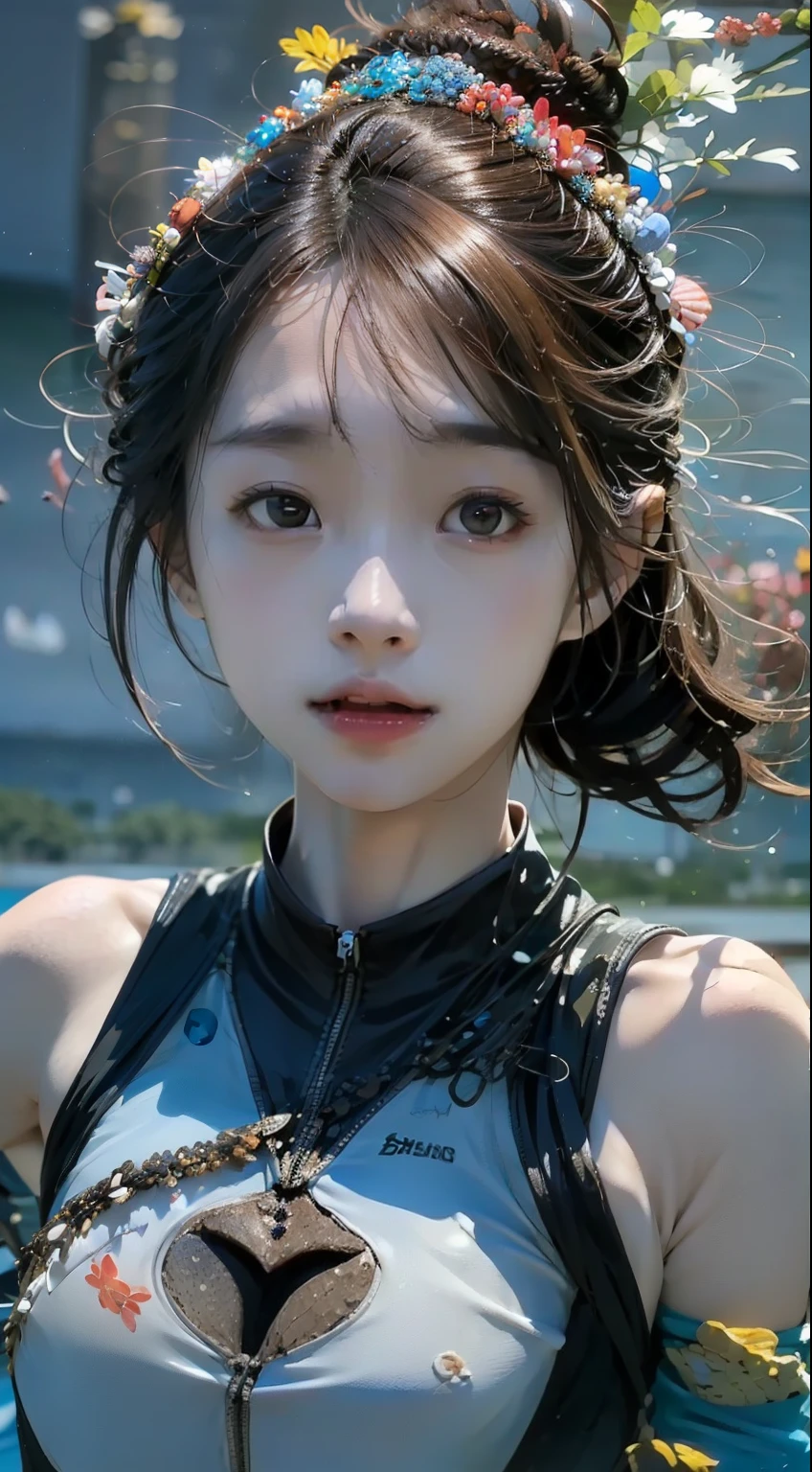 25 years old Korean girl，1个Giant Breast Girl，girl on top， wet suit， s the perfect face， eBlue eyes， Lace，  dive，Under water，shuixia，Break，Blue tones，(((surrounded with fishes)))