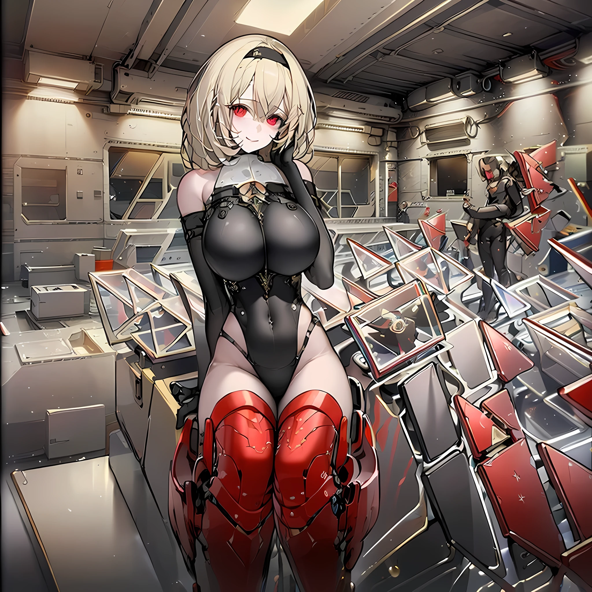 ((Best quality)), ((masterpiece)), (detailed:1.4), 3D, an image of a beautiful cyberpunk female, Yandere , Yandere Face , Trance , Trance Eyes , yameroyandere , constricted pupils , yandere , empty eyes . shaded face , crazy eyes , glowing red eyes , crazy smile , Redshoe , exposed bare shoulder , black headband , Black skintight bodysuit , Short Light Blond Hair , Black Arm Gloves , Red Eyes, Red Armor Leg, large breasts, HDR (High Dynamic Range),Ray Tracing,NVIDIA RTX,Super-Resolution,Unreal 5,Subsurface scattering,PBR Texturing,Post-processing,Anisotropic Filtering,Depth-of-field,Maximum clarity and sharpness,Multi-layered textures,Albedo and Specular maps,Surface shading,Accurate simulation of light-material interaction,Perfect proportions,Octane Render,Two-tone lighting,Wide aperture,Low ISO,White balance,Rule of thirds,8K RAW,