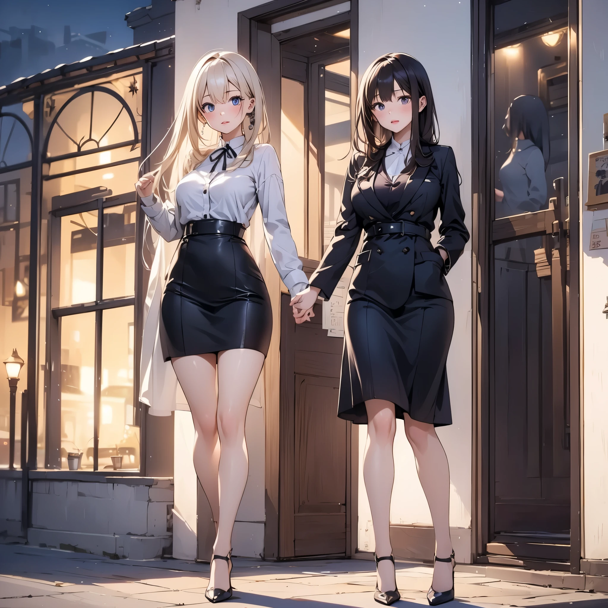 Woman wearing a black dress、Black pantyhose、Black pumps、standing、anime、Funeral hall、Realistic