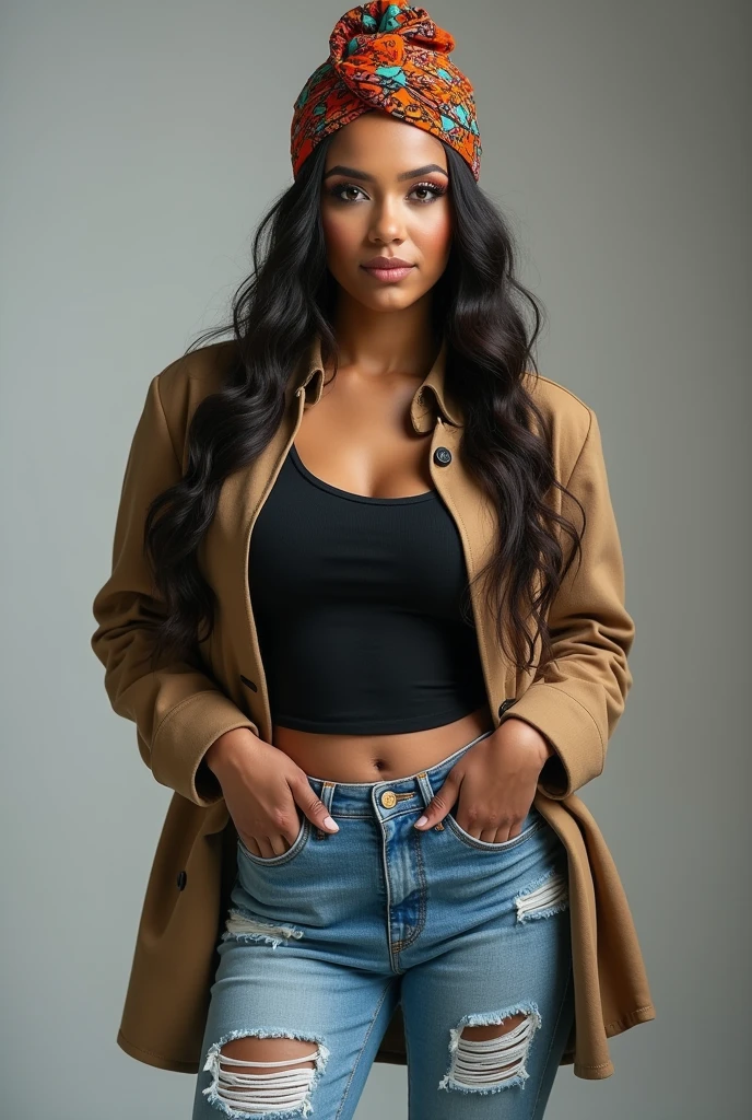long beige coat, black t-shirt, light blue jeans, black woman, curly hair, young goddess, gorgeous black lady, gorgeous black woman, gorgeous female, light skin, beautiful goddess, 24 years old, beautiful eyebrows, brown eyes, very beautiful, fitness body, very attractive, dear, very sweet, beautiful, beautiful model posing, long hair, hourglass waist, wide legs, medium breasts, big buttocks, alone, curvy figure, beautiful thick, thick body, wide hips, thicc, curvy model, curvy accentuated booty, curvy body, skinny waist and thick hips, long beige coat, black t-shirt, light blue jeans
