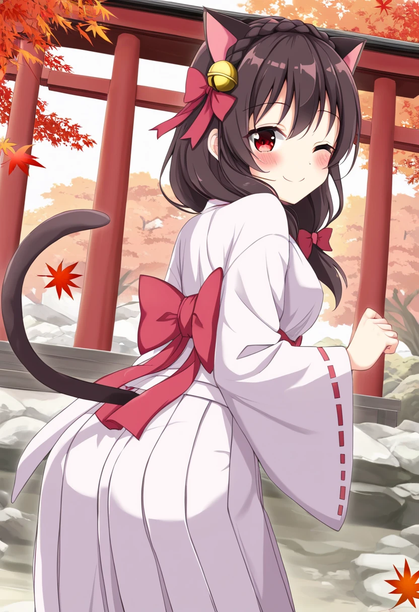 yunyun、masterpiece, best quality,  high definition ,One person, Yunyun、名前はYunyun,  crown braid the same color as hair,  black hair、Red eyes、 hair accessory with a bell ,  hair bow , ( white and pink shrine maiden costume 、Hakama is a red )、 big-breasted 、(blush)、autumn leaves、(shrine:1.2)、Standing、(Smiling with one eye closed:1.2)、blush、(Looking Back:1.2)、(Cat ears)、 cat's tail