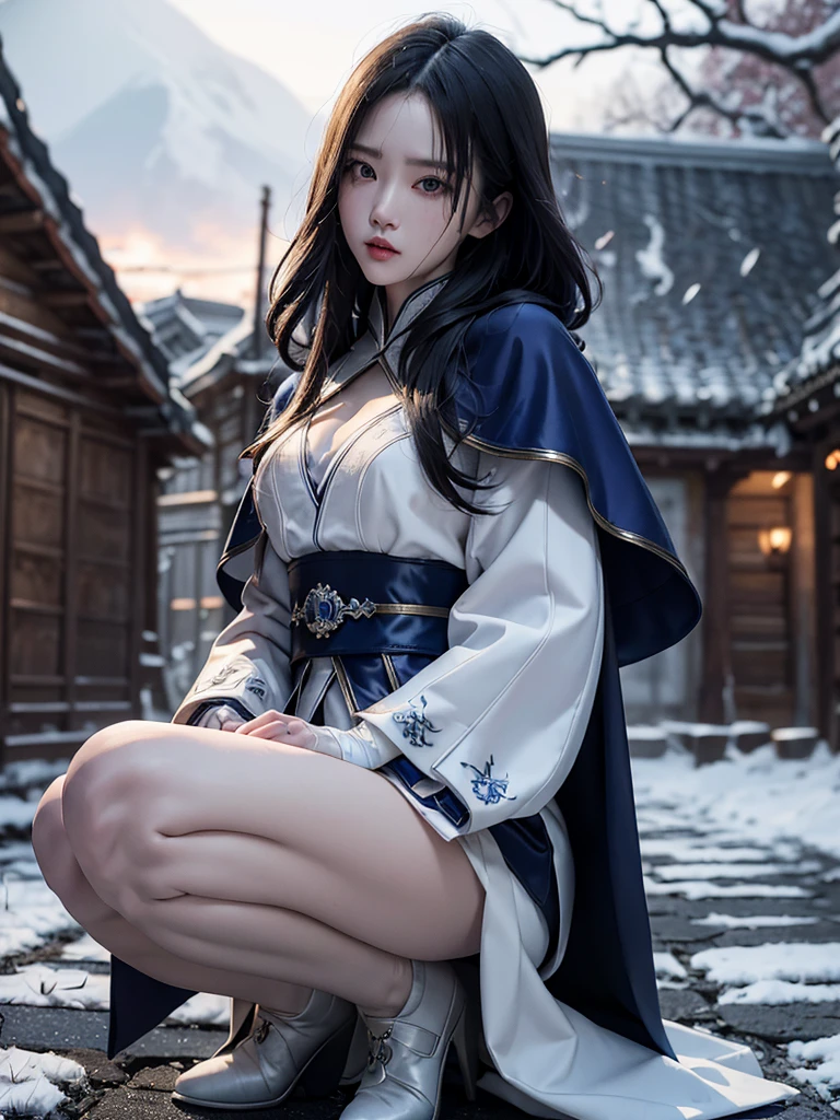 South korea walk women mystery hood up with modern royal Blue coat with long sleeves with buttons and royal Blue cape and very high white heel over the knee and white gloves, As she reveals a small secret hidden blade coming from his palm , adding to the character's mysterious and agile appearance, with small movements of air on the cape, in summer at night under the rain,medieval south korea house. sophisticated and highly detailed, ultra hd, realistic, hyper detailed, enhanced colours, ultra sharp focus, with vibrant, rich in details High quality, gorgeous, captivating, 8k, super detailed, stunning shadows, detailed lines, blood stain on coat and gloves, a recently dead person with their throat slit