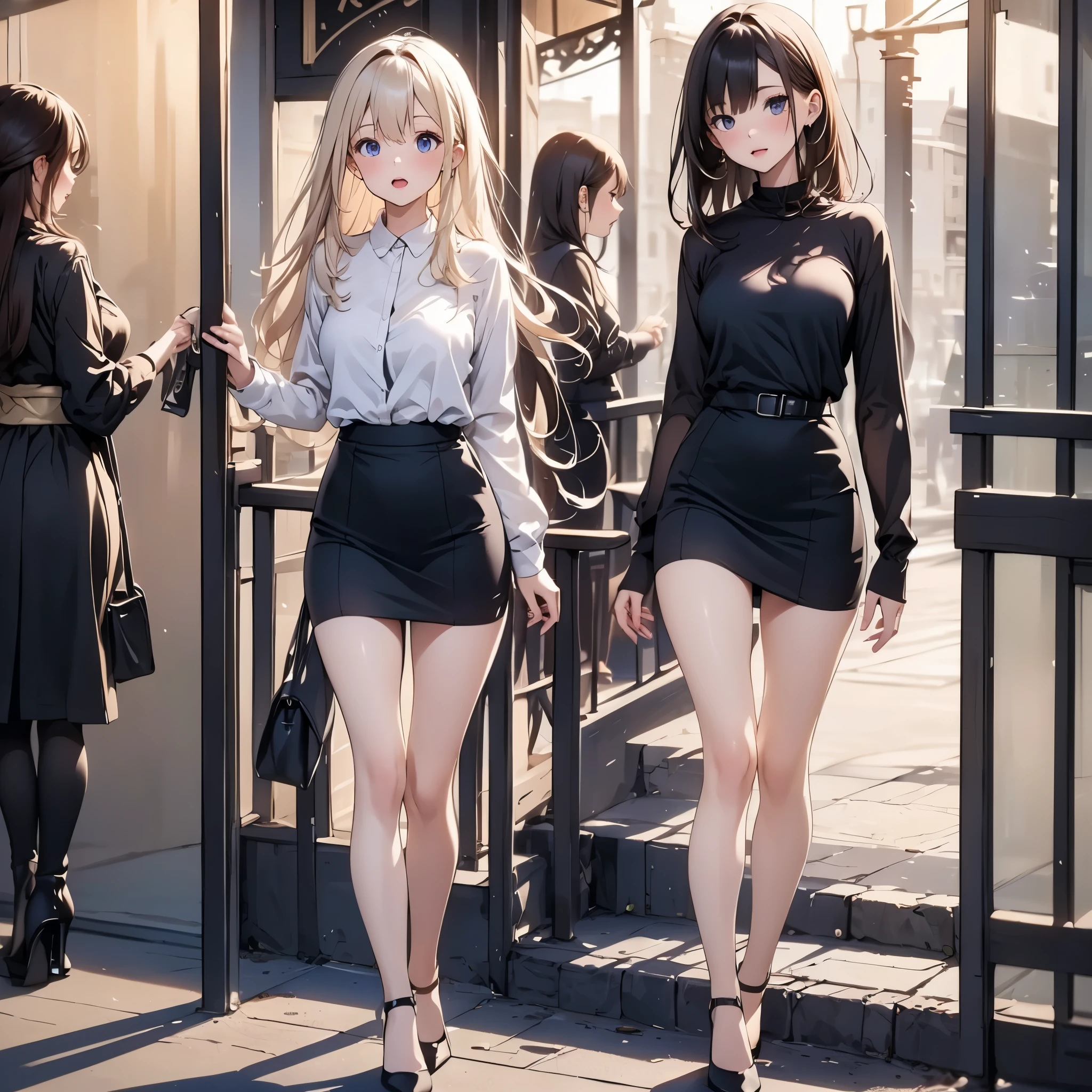 tmasterpiece,best qualtiy:1.4),Smooth movement,(2girls),(highest details),lacepantyhose,without wearing shoes,Whole body diagram,taking a walk,The kinky is exposed,big breasts exposed cleavage,Climb stairs,城市,Community。crowd of,Onlookers