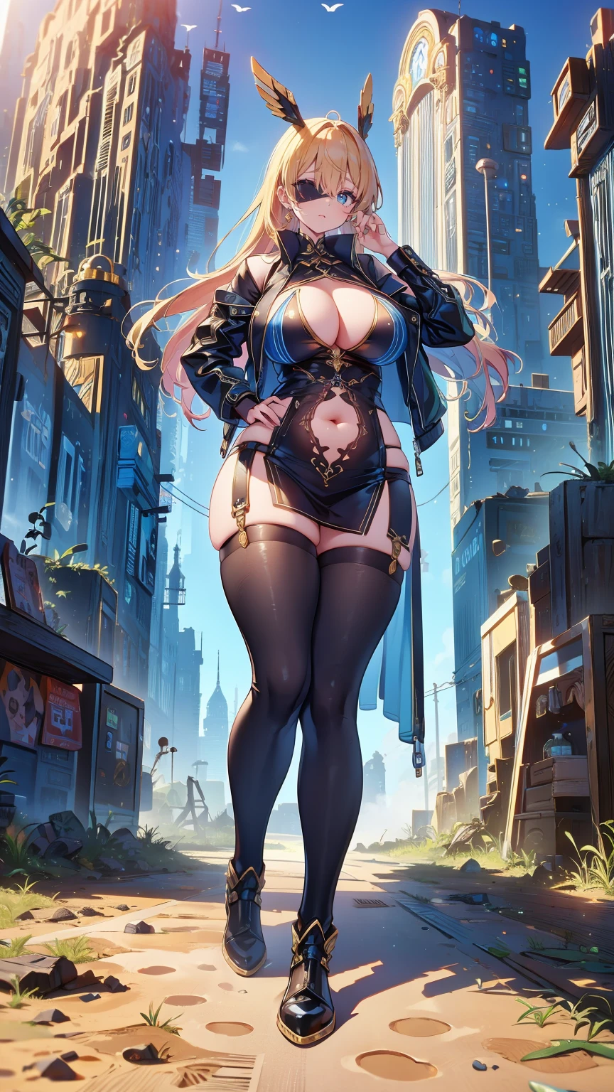 ​masterpiece, ultra-detailliert, 8k, hiquality, Top image quality, digitial illustration, Seductive Anime Girl, Combative posing, Depiction of dense hair, Detailed eye depiction, appearance Splash paint background in colors, Center, ((open clothes:1.3))、((crop top))、((cleavage cutout))、((crop top navel))、((panty peek))、((huge breasts:1.3))、((huge hip:1.3))、((thick thighs))、biomechanical oppai, oppai proportions, Sharp Focus, Colossal , Costumes with less fabric area, and draw the full body, Glossy realistic skin texture, ((Hover effect)), Precise human body structure, Low angle perspective, Configuration looking up from below