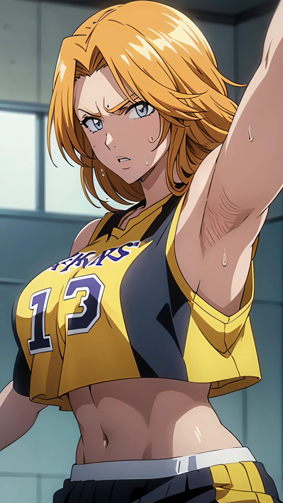 close up of a person wearing a basketball uniform, photograph, 」Akame 、 popular on pixiv 、Matsumoto Rangiku、Bleach、wearing a yellow NBA uniform、yellow  crop top nba jersey、wearing a low cut  crop top、wearing  crop top、 crop top、the words "Lakers" written on the  crop top、golden raito, ( winks), shirobako, big)}]、Favorite Scene、 Sex. anime. skin、 sweaty、Big Breasts、 very large breasts、 raise both hands、Under the arms、Under the arms visible、Wet with sweat、 sweat more、sweaty Under the arms、Armpit hair、