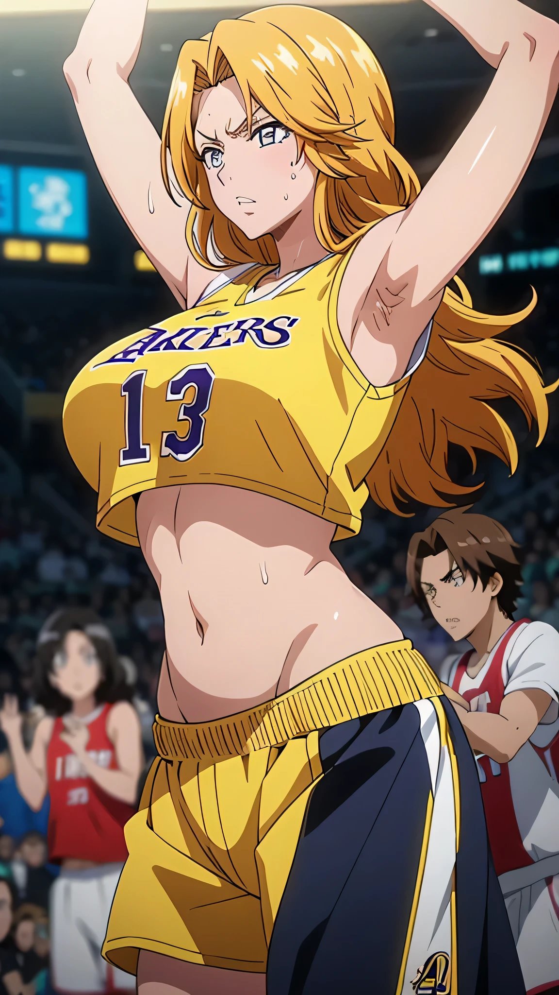 close up of a person wearing a basketball uniform, photograph, 」Akame 、 popular on pixiv 、Matsumoto Rangiku、Bleach、wearing a yellow NBA uniform、yellow  crop top nba jersey、wearing a low cut  crop top、wearing  crop top、 crop top、the words "Lakers" written on the  crop top、golden raito, ( winks), shirobako, big)}]、Favorite Scene、 Sex. anime. skin、 sweaty、Big Breasts、 very large breasts、 raise both hands、Under the arms、Under the arms visible、Wet with sweat、 sweat more、sweaty Under the arms、Armpit hair、