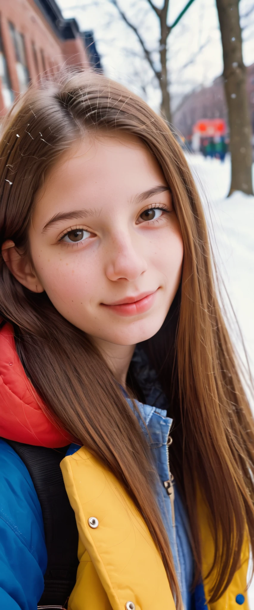 (indistinguishable from reality:1.4), 1girl, selfie, An half portrait of a beautiful 18y.o New York , (detailed facial features), (freckles:0.2), (acne:0.1), long thick luxurious straight hair, beautiful Jewish nose, shy smile, walking on street, snow day, sun, Jacket, bright primary colors, Nikon FM2, 35mm SLR 