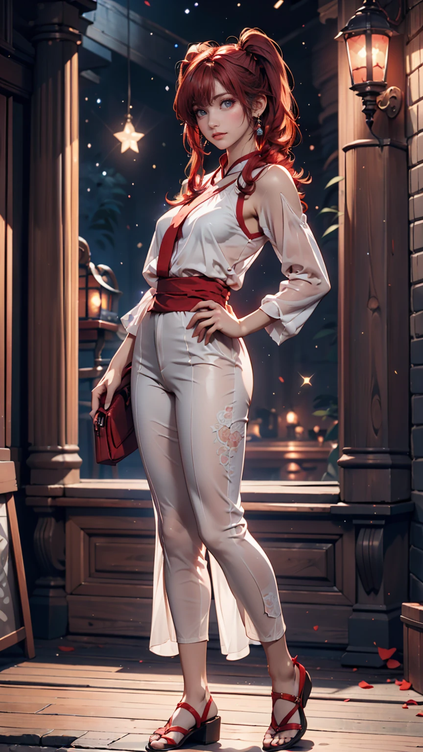 masterpiece, Beautiful Goddess of the Void,  full body wearing white transparent clothes standing under the night stars in the sky, Transparent pants disappear,  full body standing, Tall Person, Thin legs,  face details,  detailed body part details , 8k wallpaper、Red Hair、Pigtails、Ranma 2／1、Ranma the Girl、