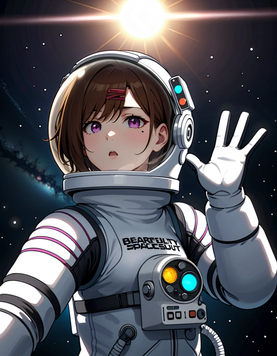 (spacesuit:1.15), white cargo pants, astronaut)bubble helmet, space helmet, gloves , , looking close at you, outside in the sun, standing, masterpiece, best quality, 1girl, beautiful,  image from below, solo, madoka higuchi, brown hair, eyebrows hidden by hair, hairclip, mole, mole under eye, purple eyes, short hair, wavy hair, difficulty breathing, horny, waving, fullbody