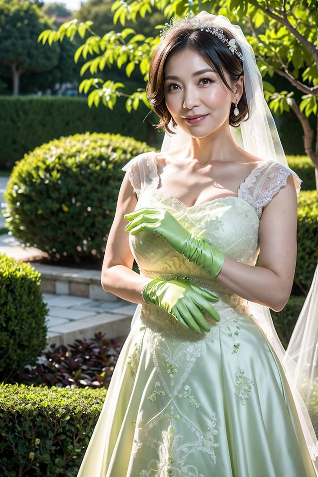 ((Masterpiece)), ((Best Quality)), A middle-aged short-hair woman, (((She is wearing a light green wedding dress))), in a garden, white gloves on her hands, Asian, dark eyes, white veil