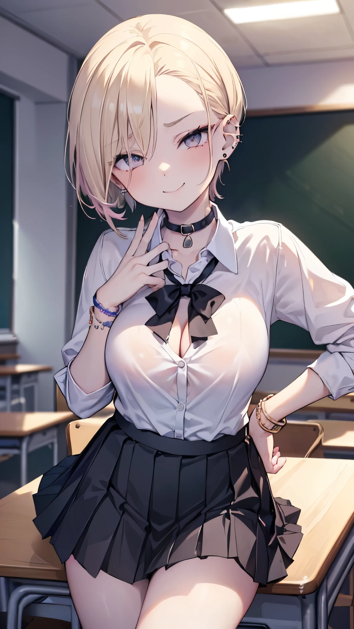 ((masterpiece、 best quality、 Very detailed))、 one girl who is at ease、Blonde、 short hair on the side of the uniform、((bold、slicked back))、 gray eyes、evil smile、((lots of piercing))、 Big Breasts 、(( white collared shirt ))、clavicle、 Necklaces 、 Bracelets、(( black pleated skirt))、((micro miniskirt))、 cowboy shot、 Classroom Background