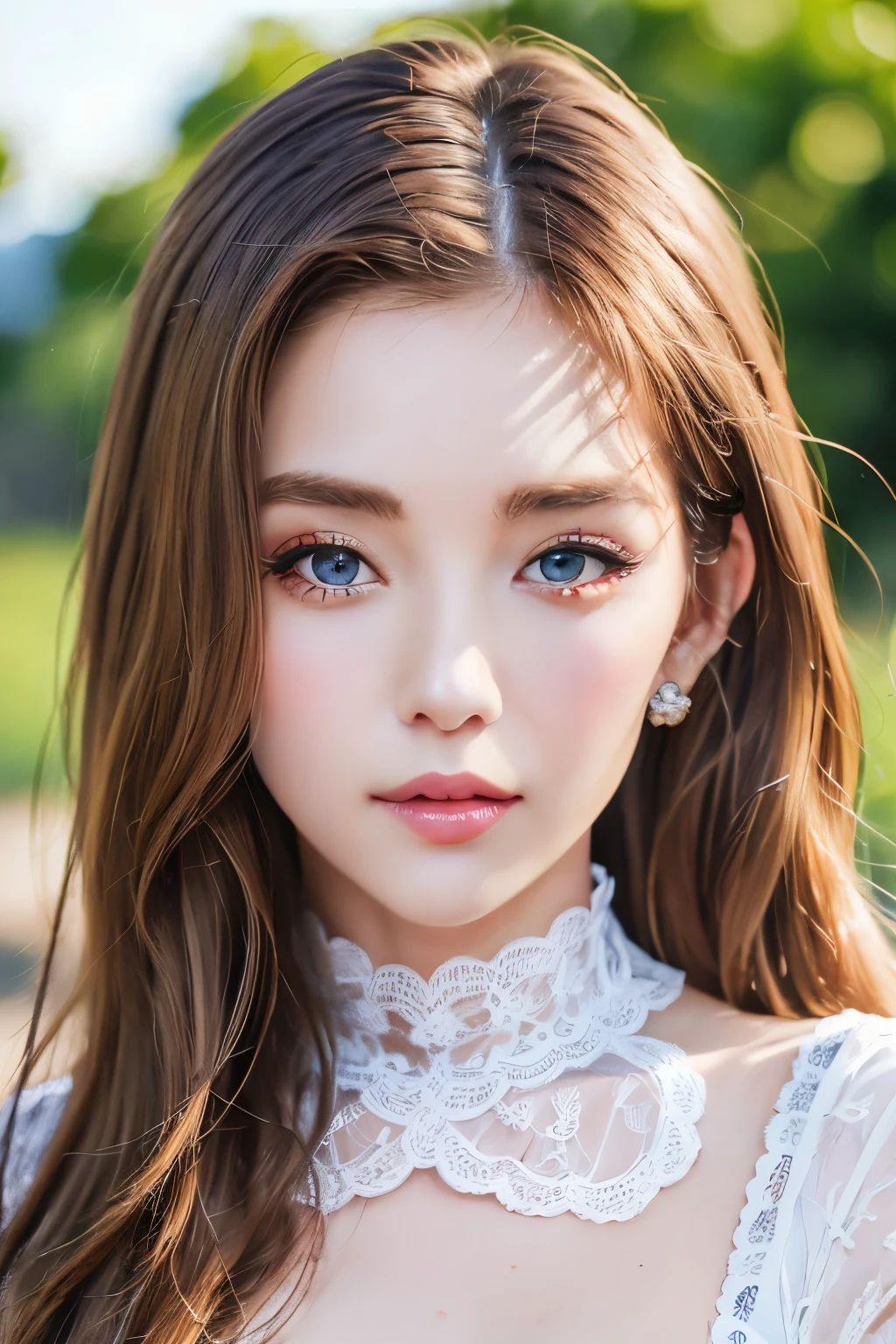 (masutepiece:1.2), (Best Quality:1.2), Perfect eyes, Perfect face, Perfect Lighting, 1girl in, Mature woman in the field, medium blonde hair, Curly hair, detailed  clothes, Detailed outdoor background, makeup, eyeshadows, thick eyelashes, Fantasy, Looking at the viewer, spring